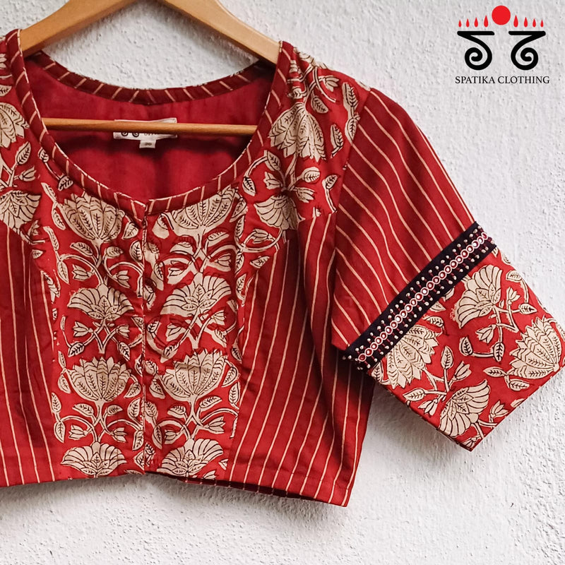 Red Half & Half Bagru Blouse - New Version