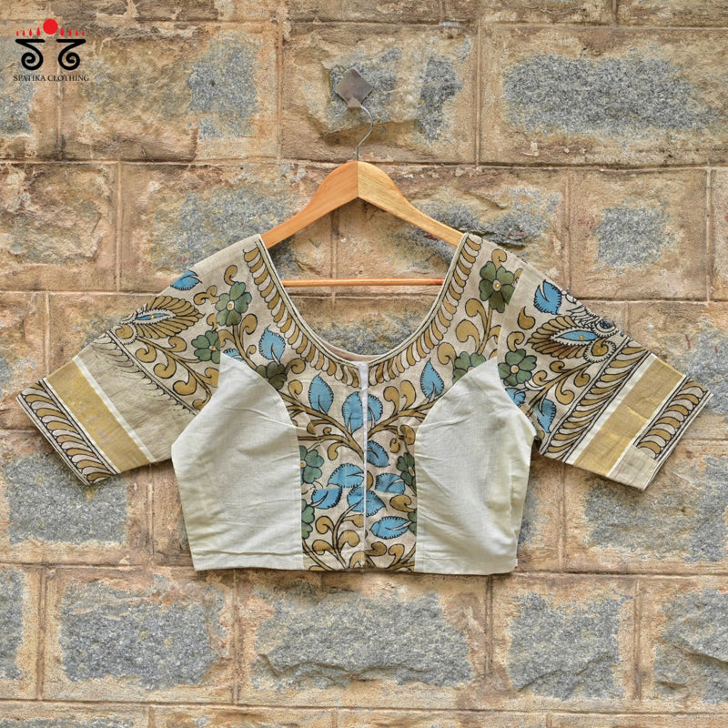 Pen Kalamkari Kerala Kasavu  Blouse