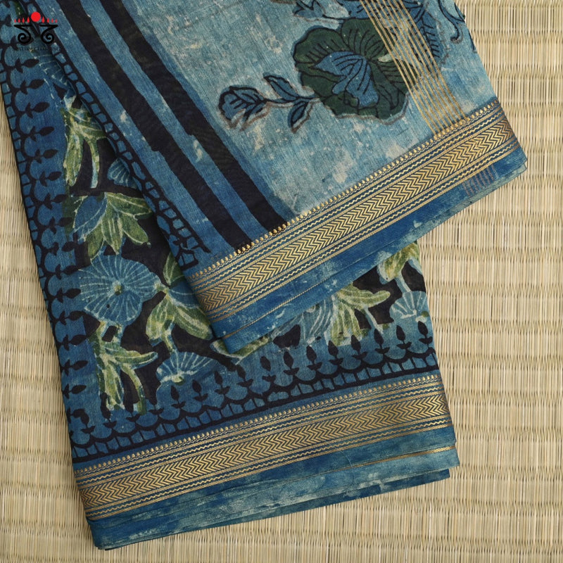 Bagru Hand Block-Printed on Maheshwari Silk Cotton Saree
