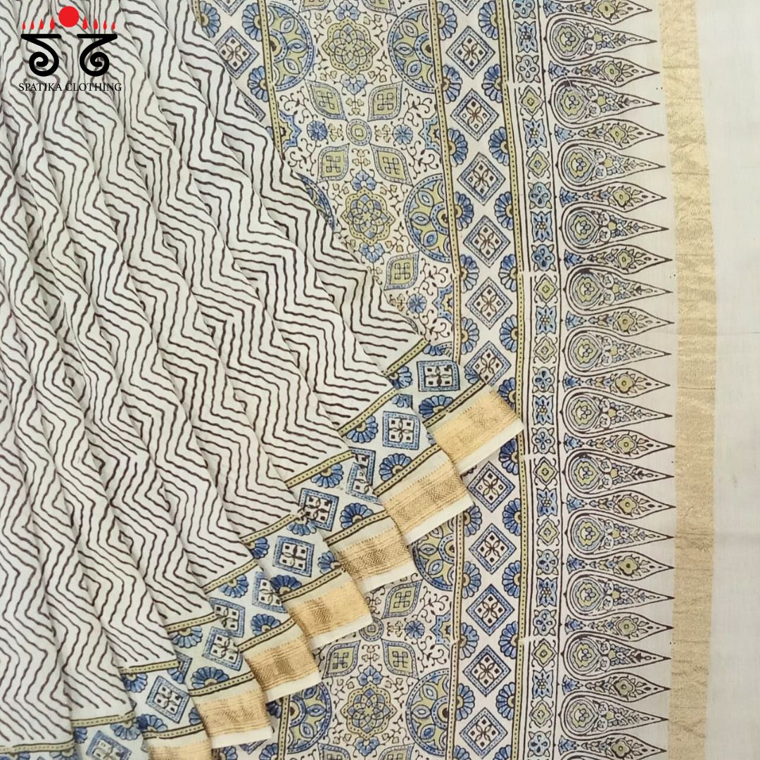 White Ajrak Maheshwari Silk Cotton Saree