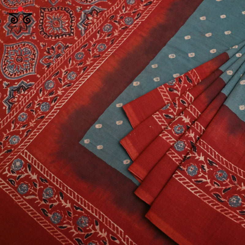 Ajrak Bandhani on Mulmul Cotton Saree