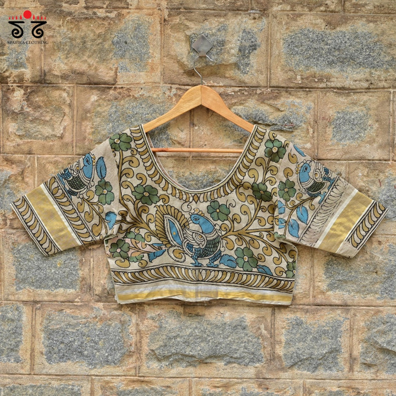 Pen Kalamkari Kerala Kasavu  Blouse