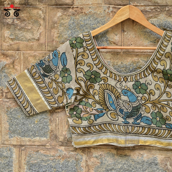 Pen Kalamkari Kerala Kasavu  Blouse