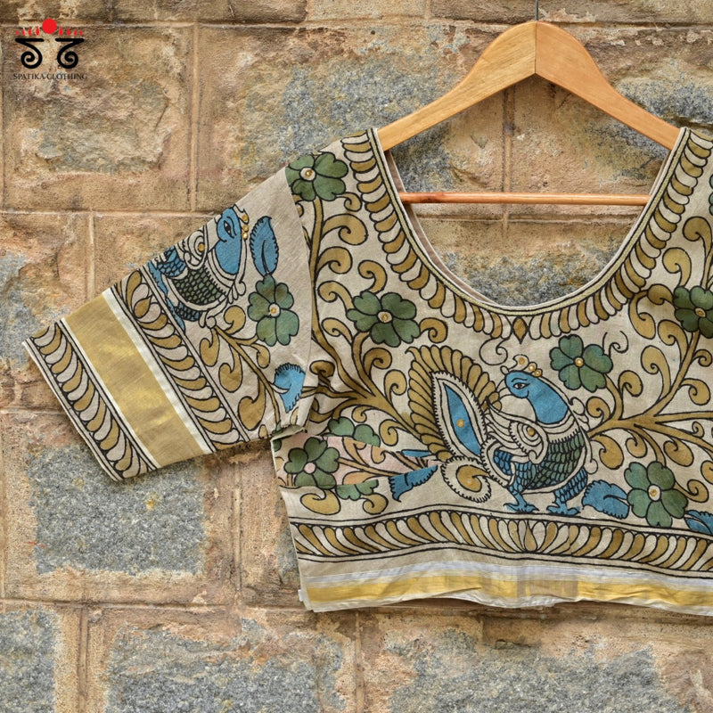 Pen Kalamkari Kerala Kasavu  Blouse
