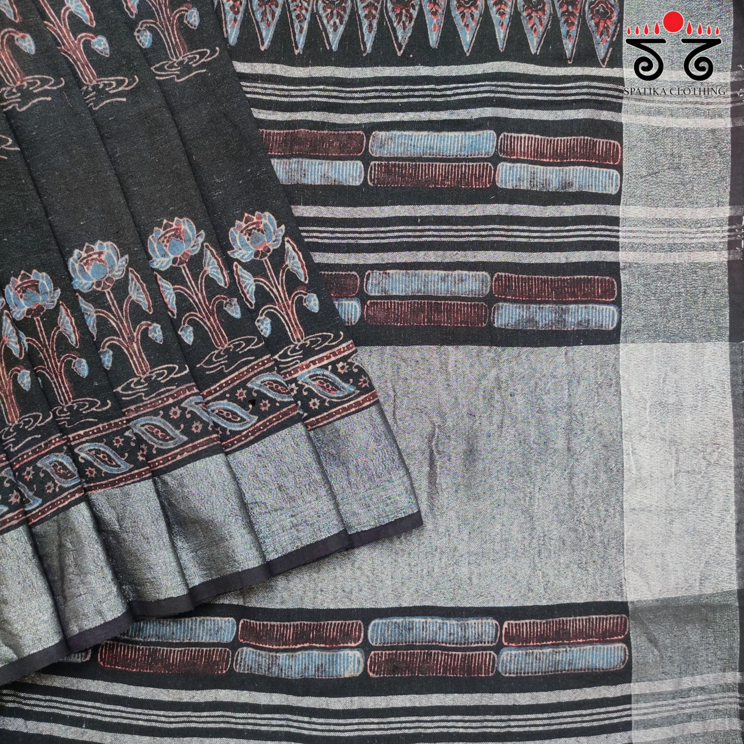 Ajrak Handblock Print On Linen Saree