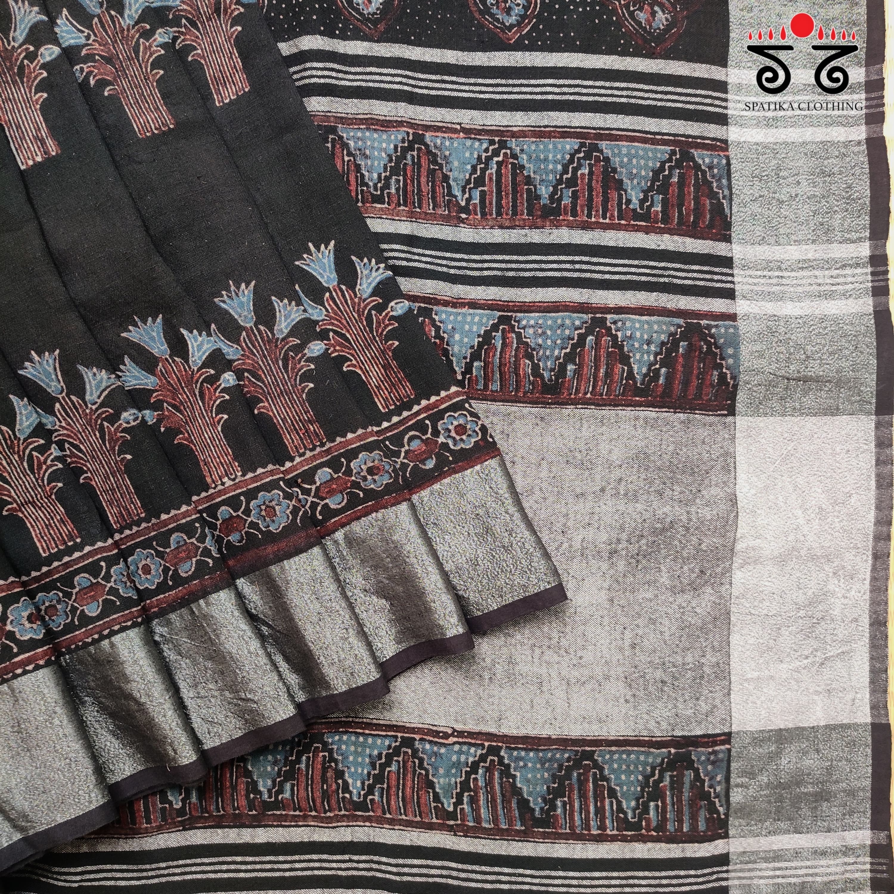 Ajrak Handblock Print On Linen Saree