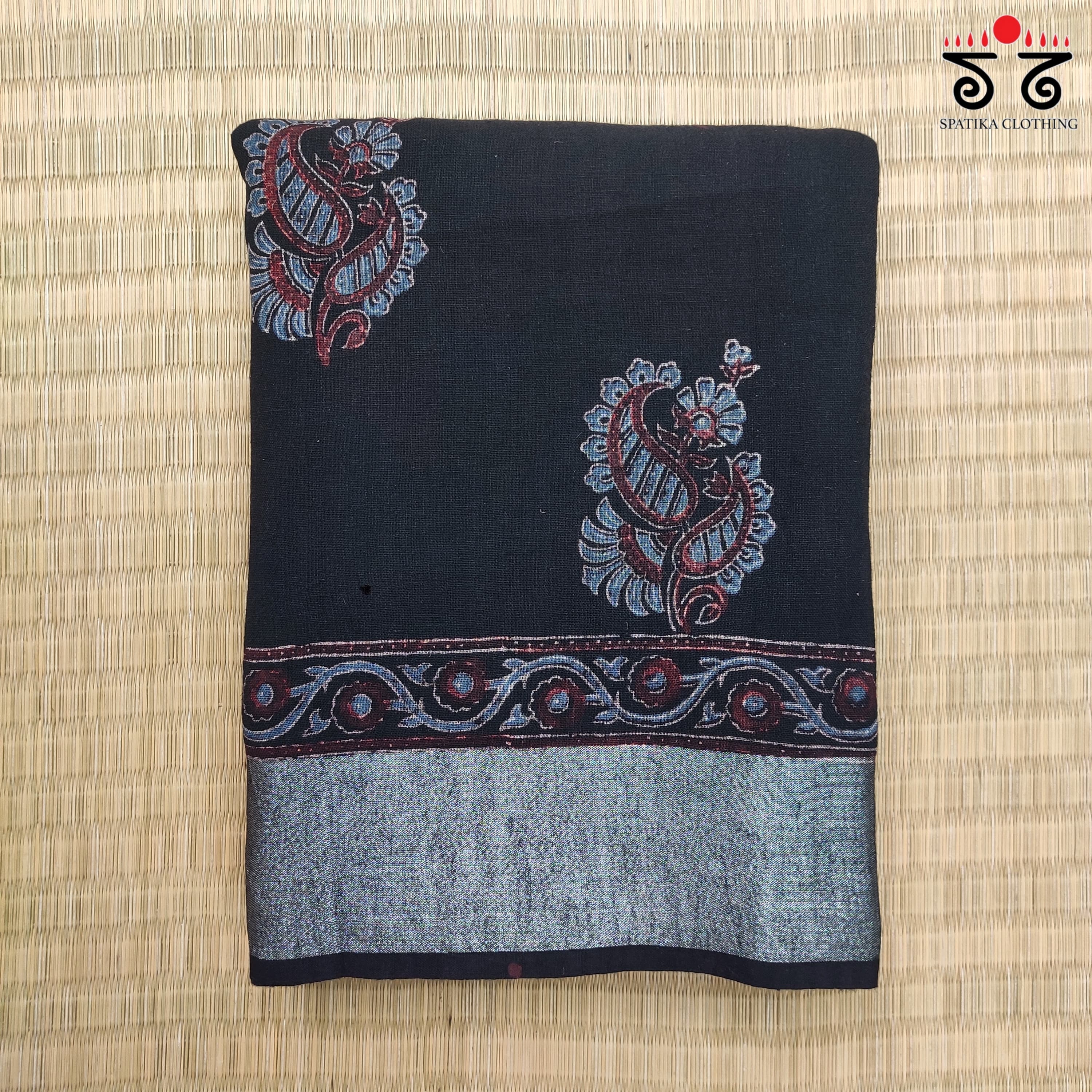 Ajrak Handblock Print On Linen Saree