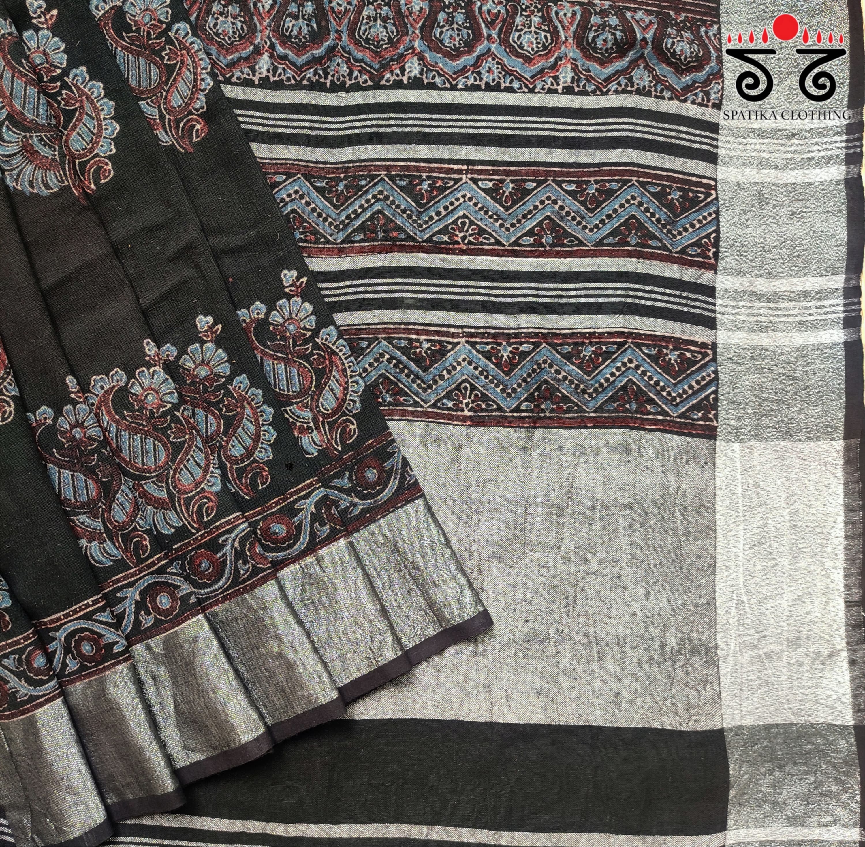 Ajrak Handblock Print On Linen Saree