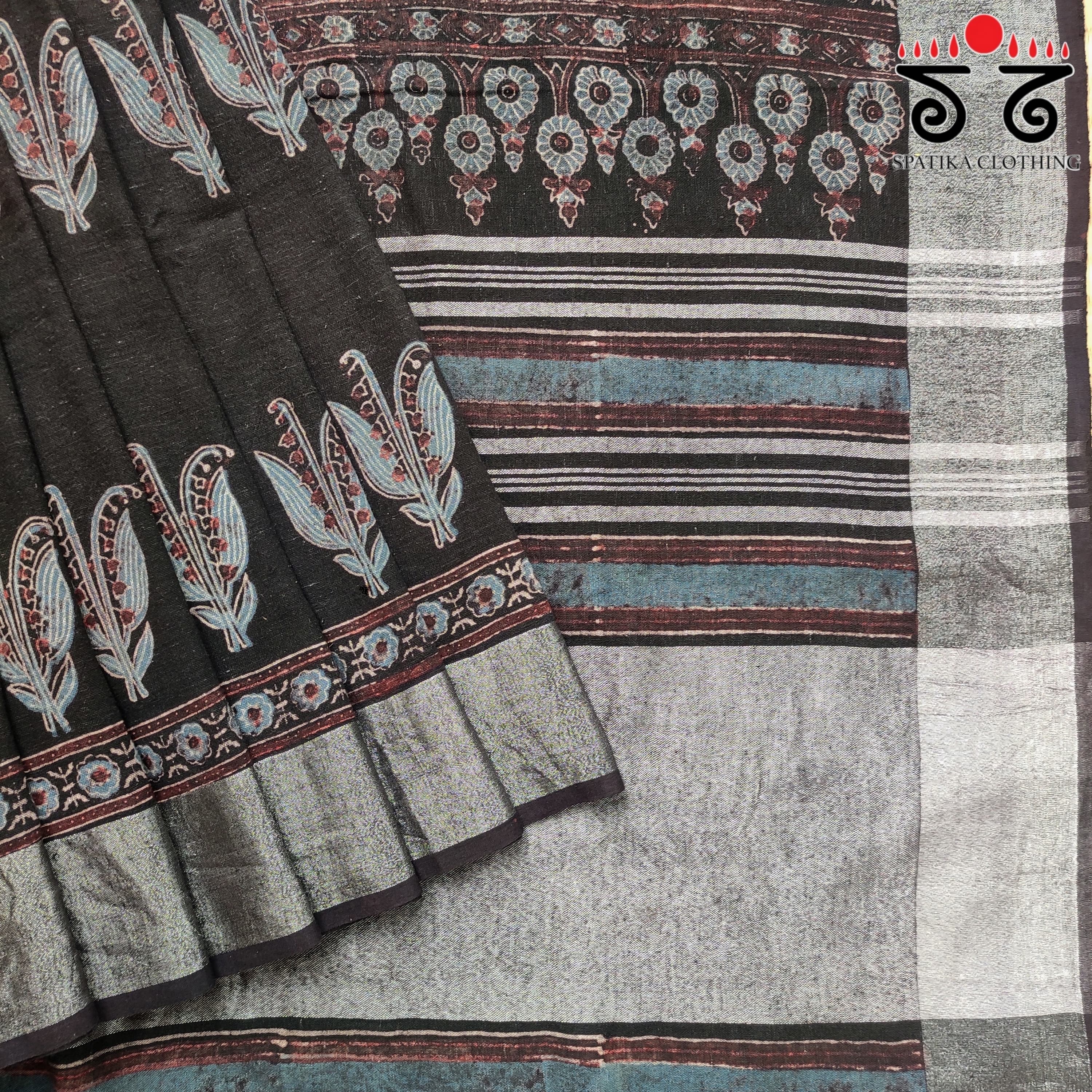 Ajrak Handblock Print On Linen Saree