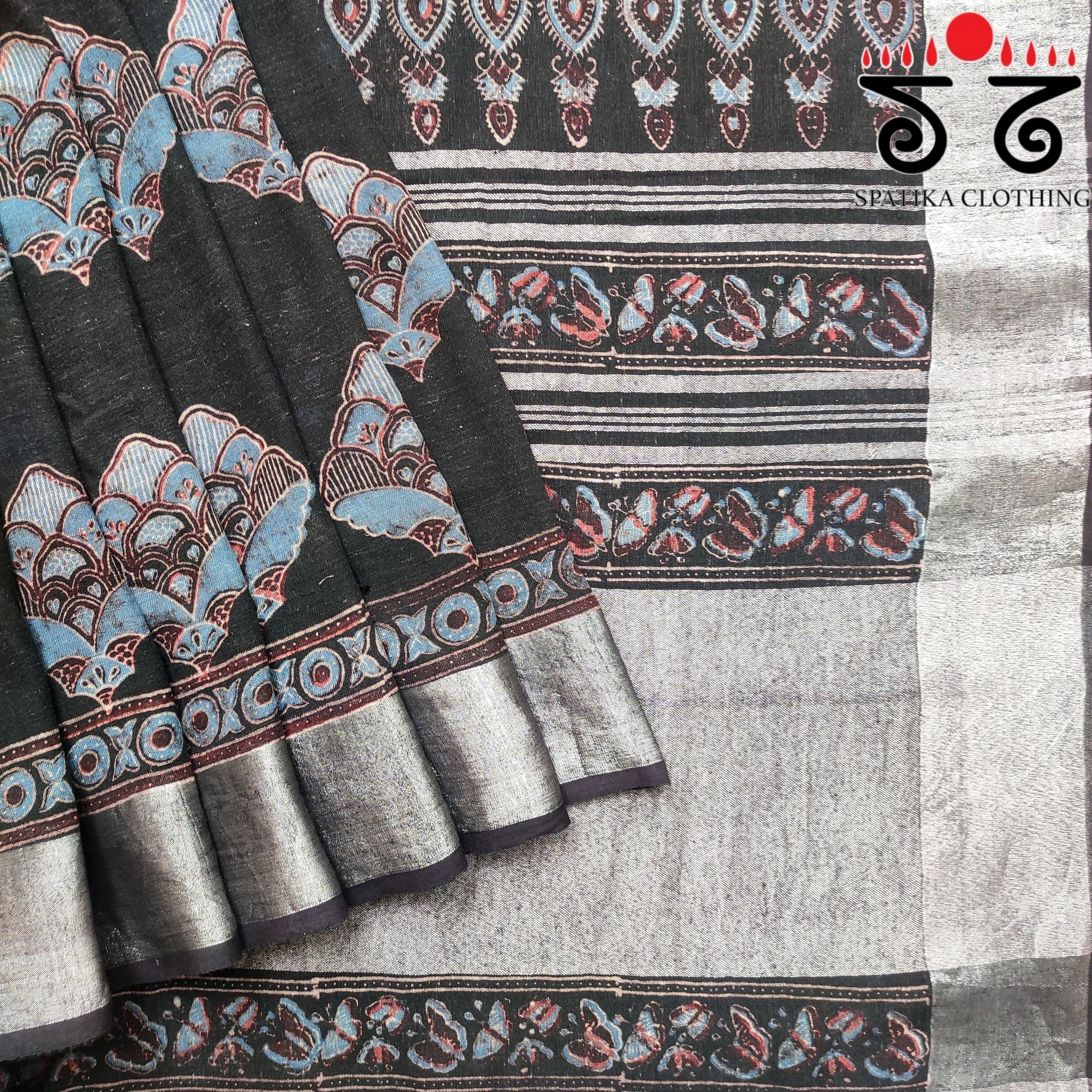 Ajrak Handblock Print On Linen Saree