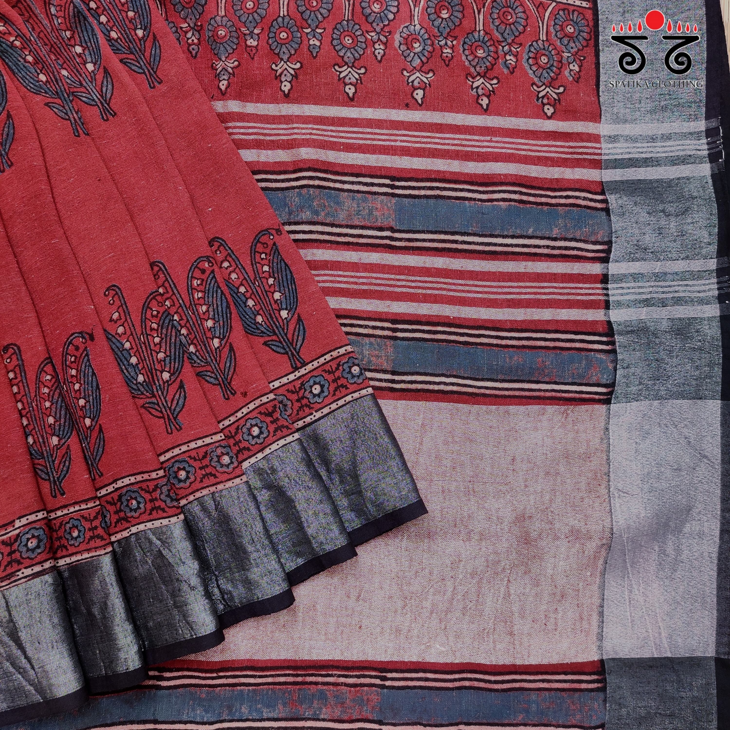 Ajrak Handblock Print On Linen Saree