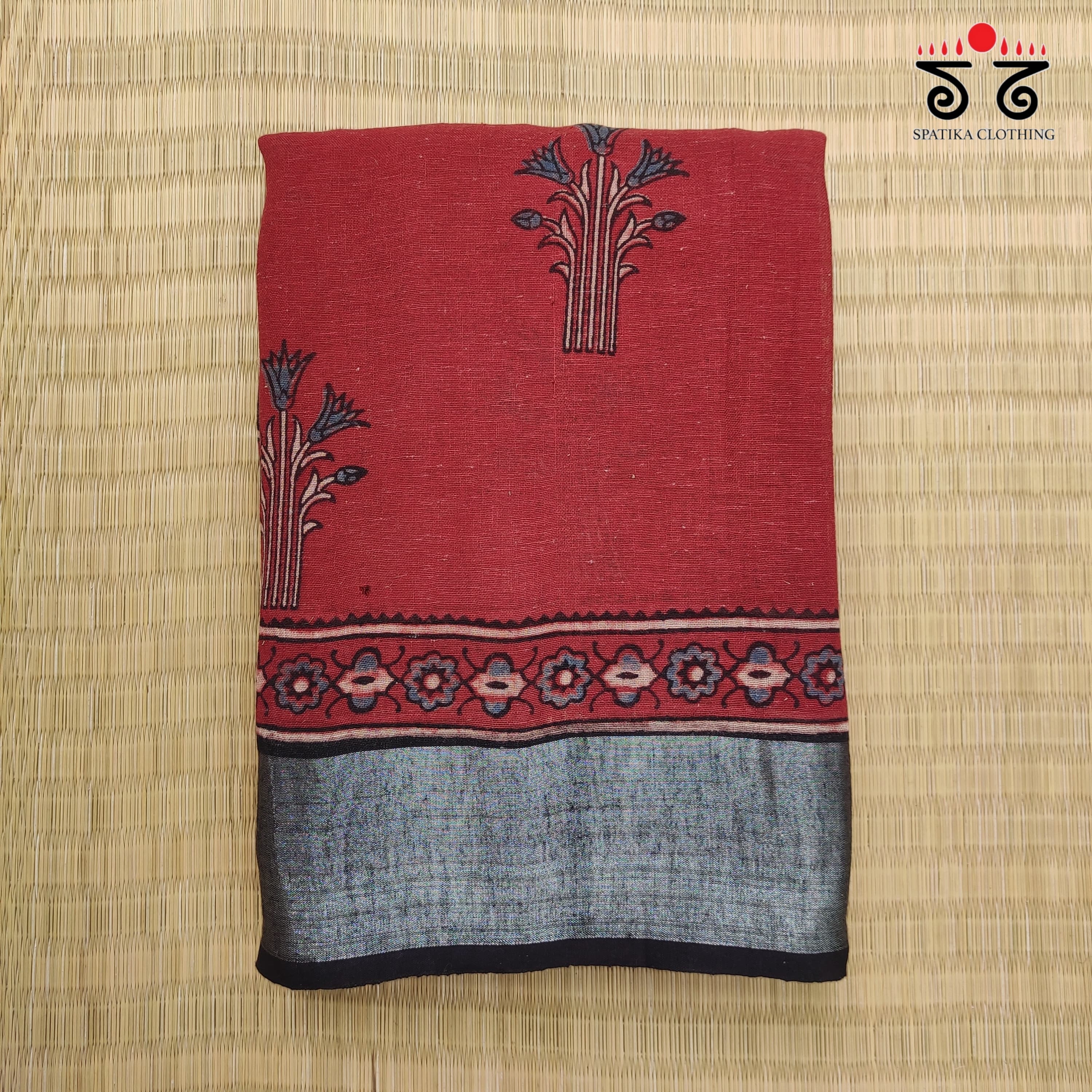 Ajrak Handblock Print On Linen Saree