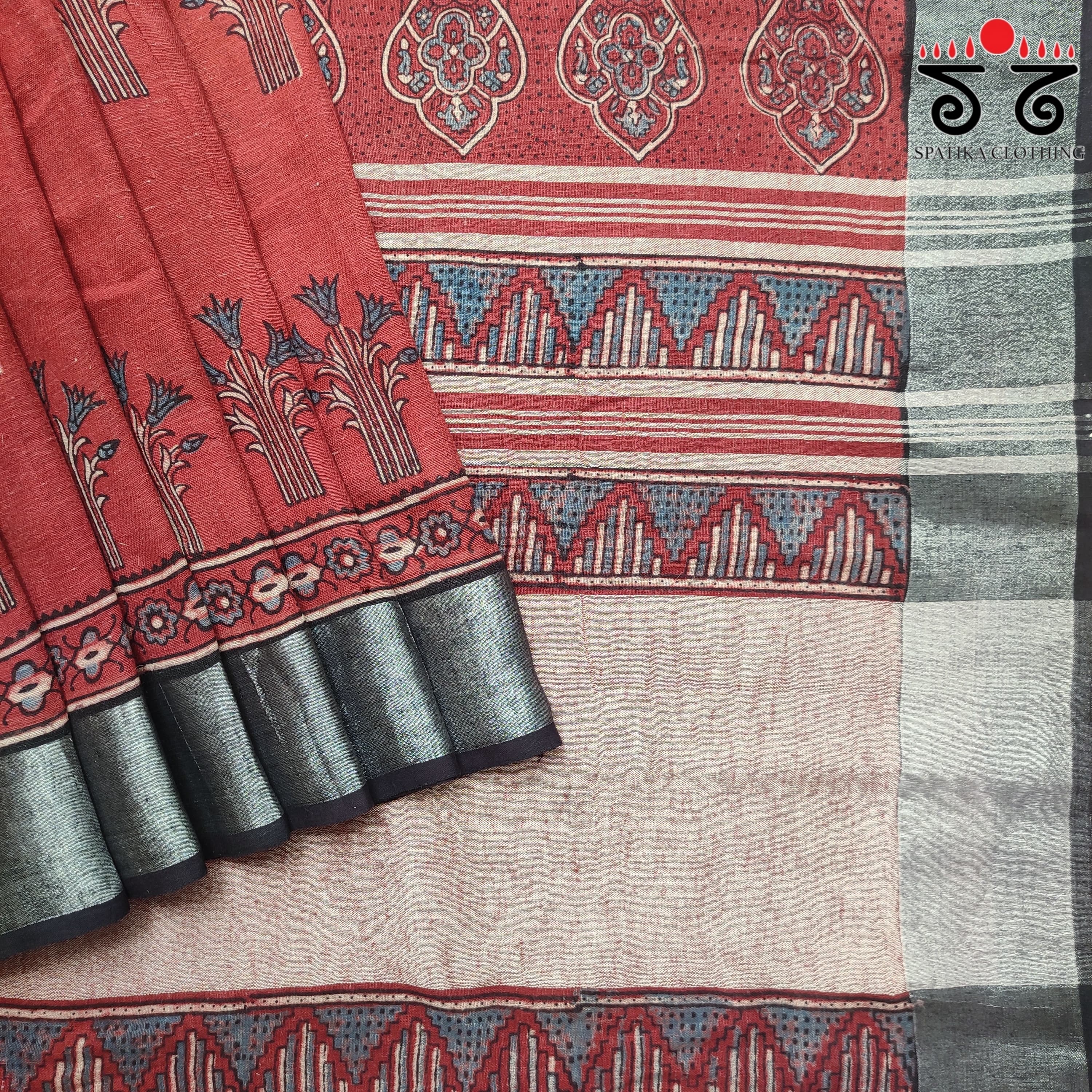 Ajrak Handblock Print On Linen Saree