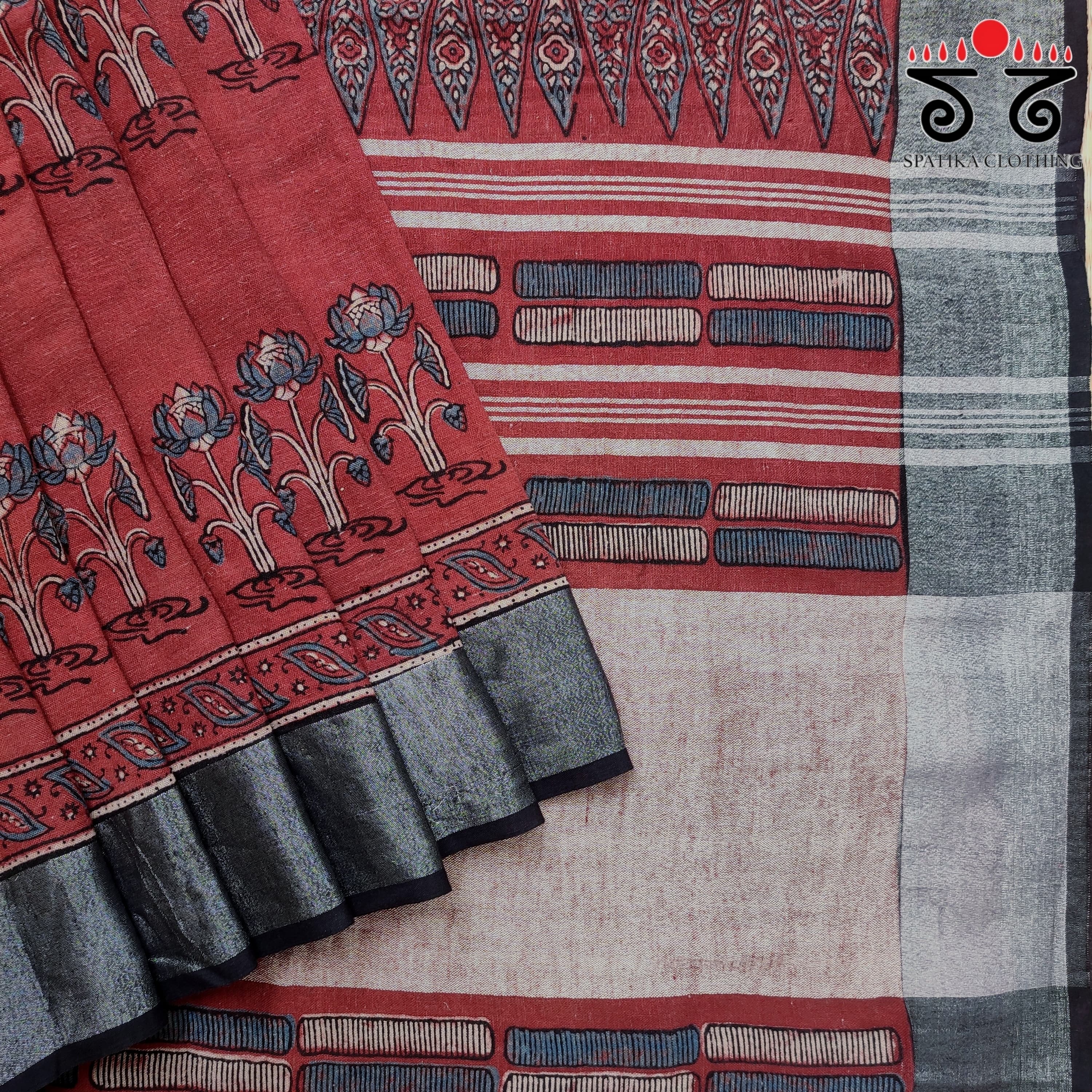 Ajrak Handblock Printed Linen Saree