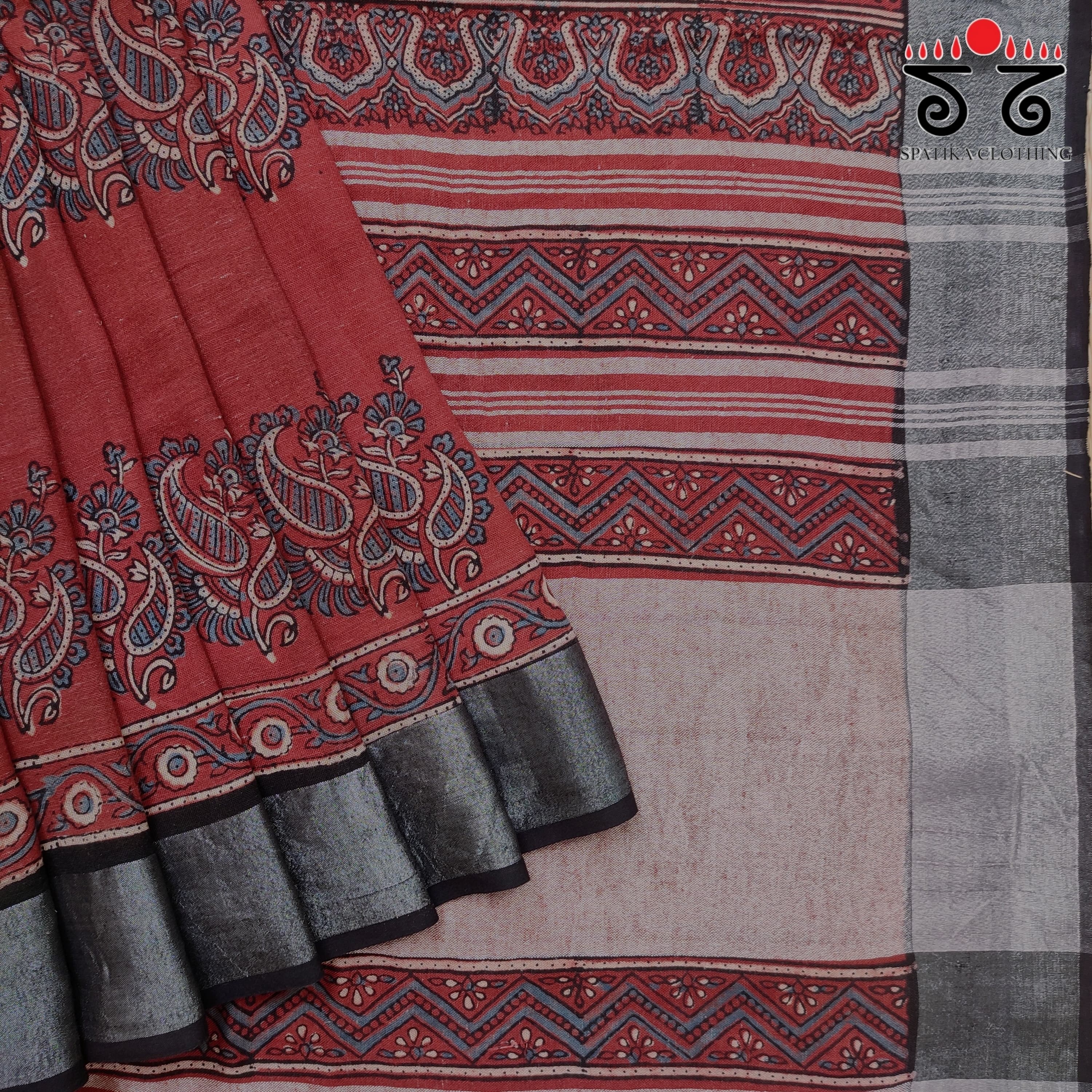 Ajrak Handblock Print On Linen Saree