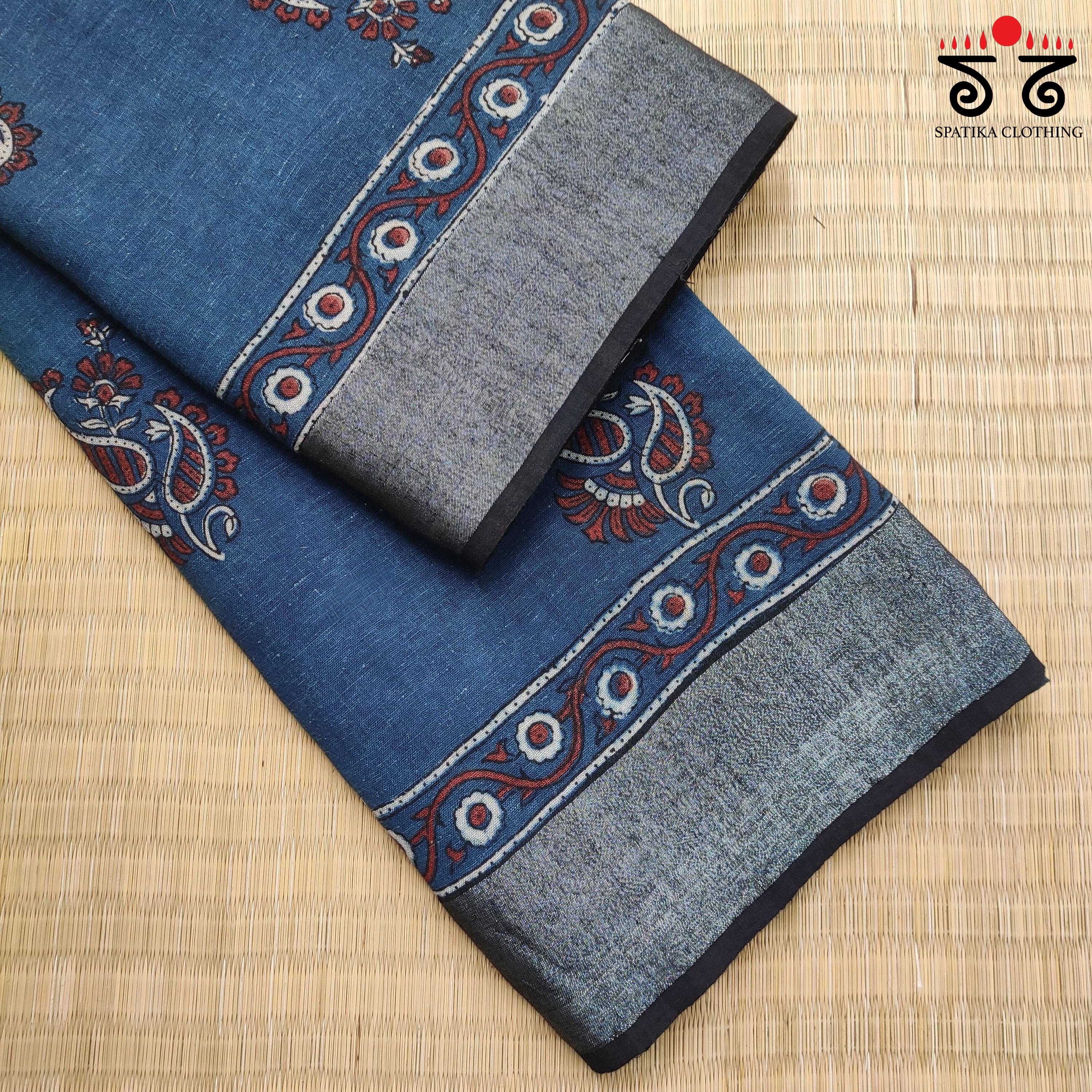 Ajrak Handblock Print On Linen Saree