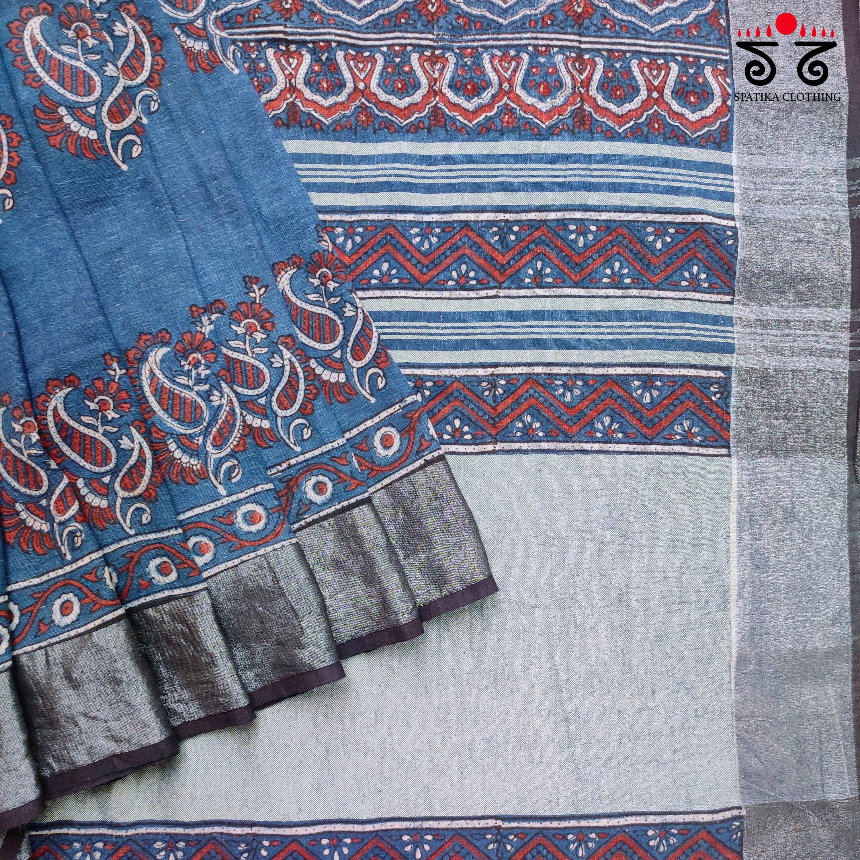 Ajrak Handblock Print On Linen Saree