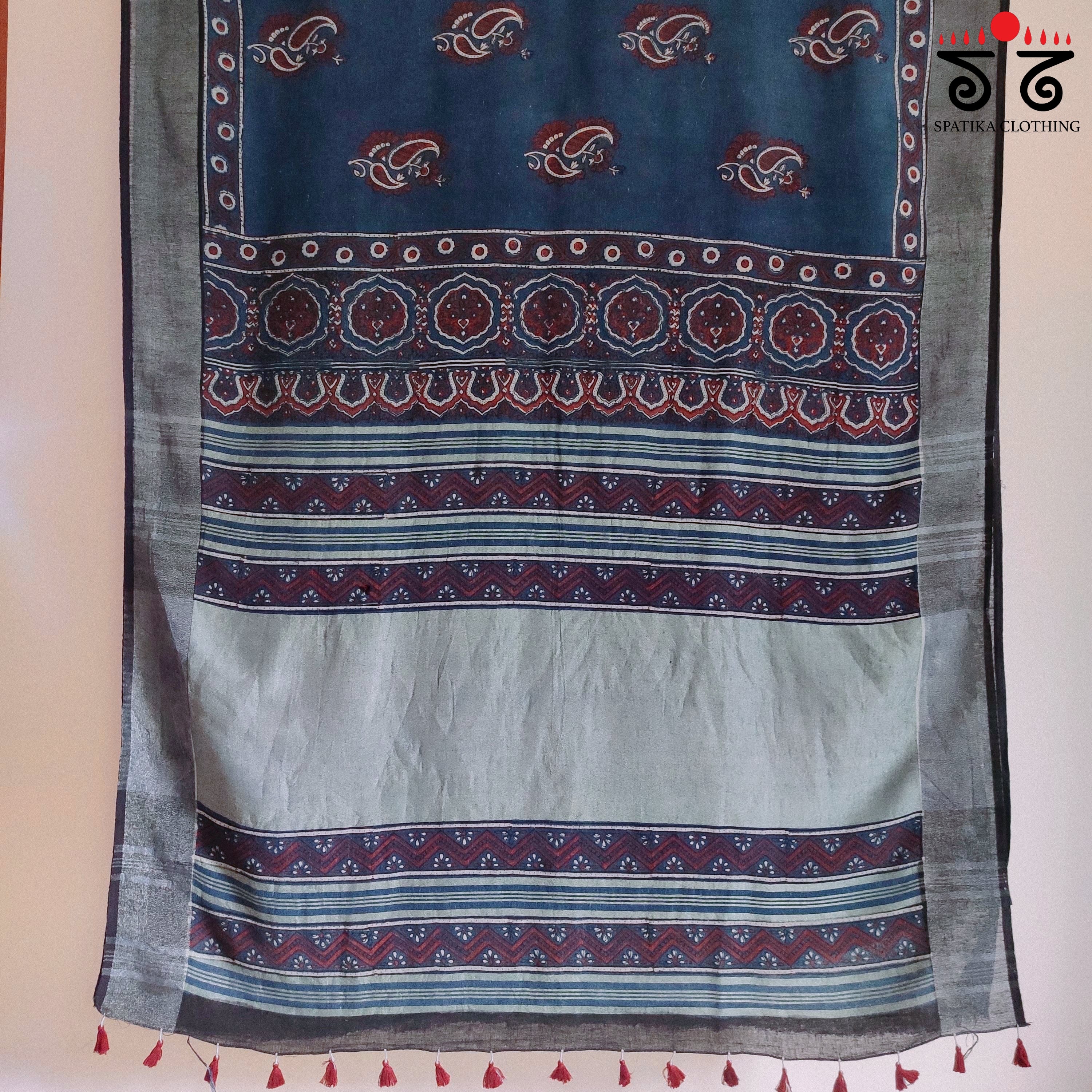 Ajrak Handblock Print On Linen Saree