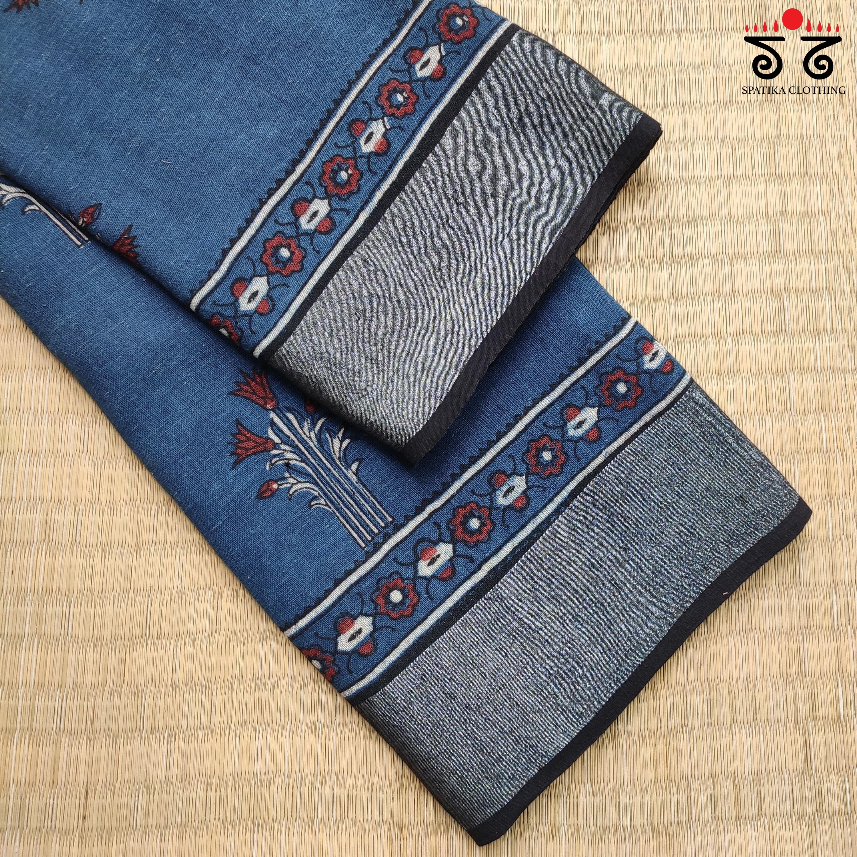 Ajrak Handblock Print On Linen Saree