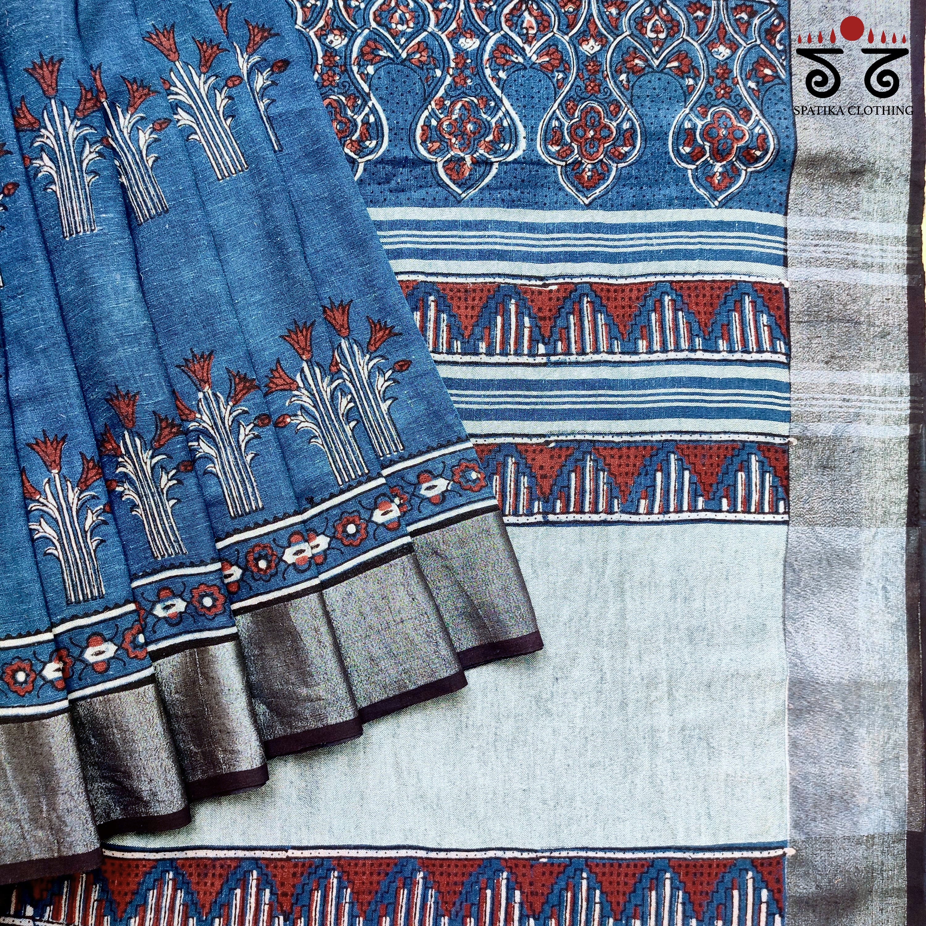 Ajrak Handblock Print On Linen Saree