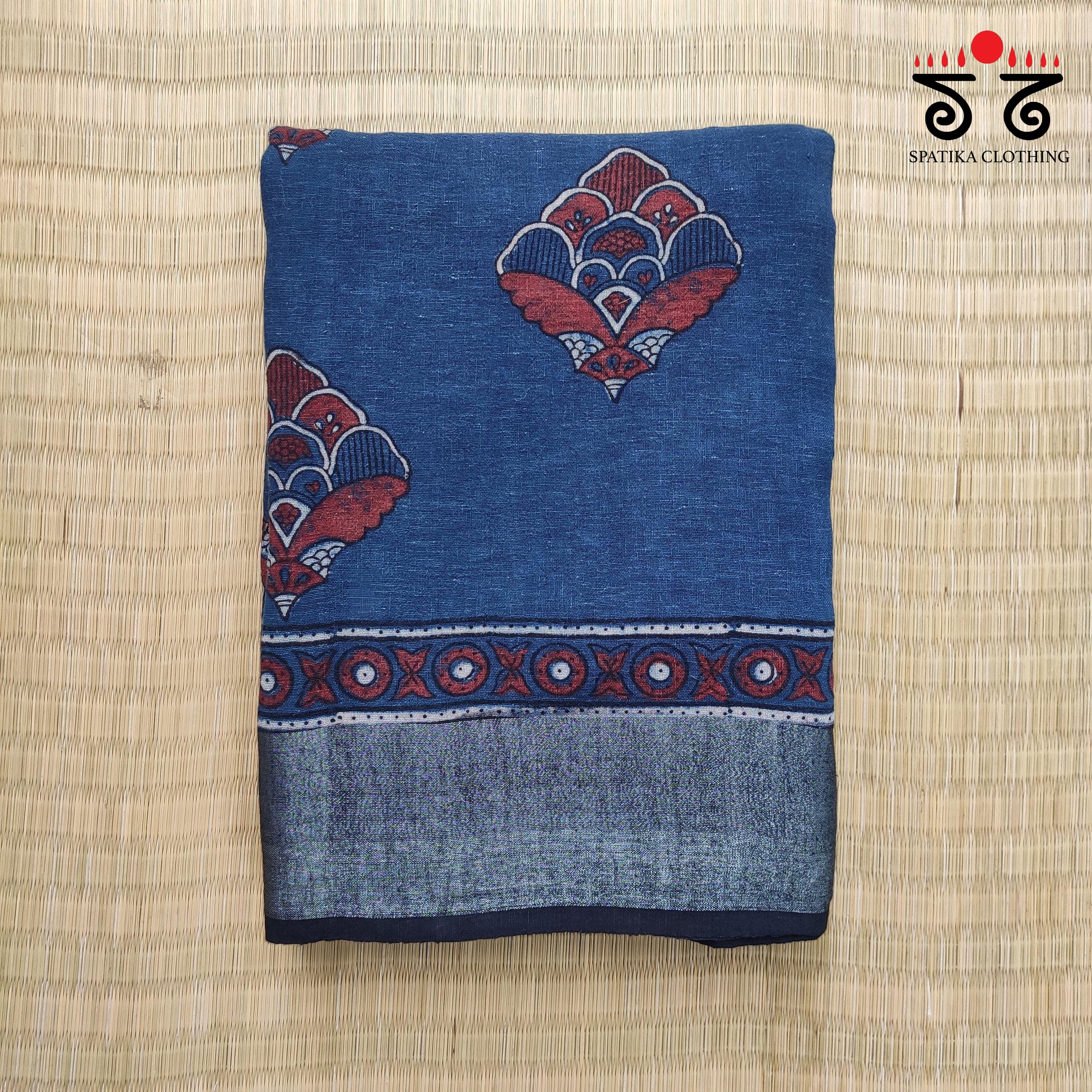 Ajrak Handblock Print On Linen Saree