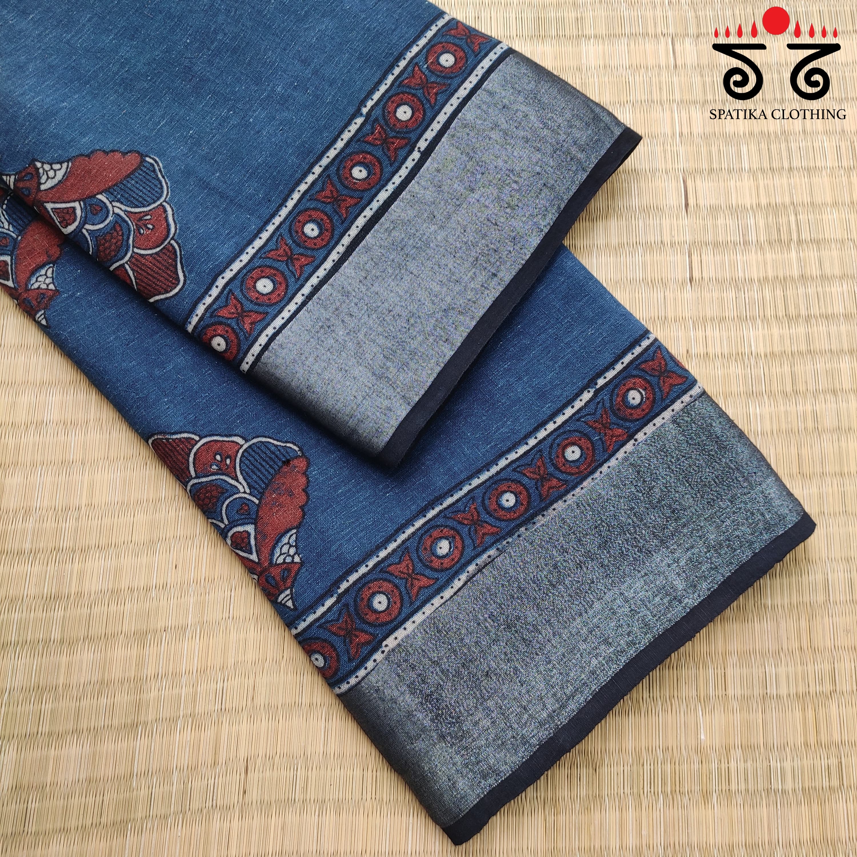 Ajrak Handblock Print On Linen Saree