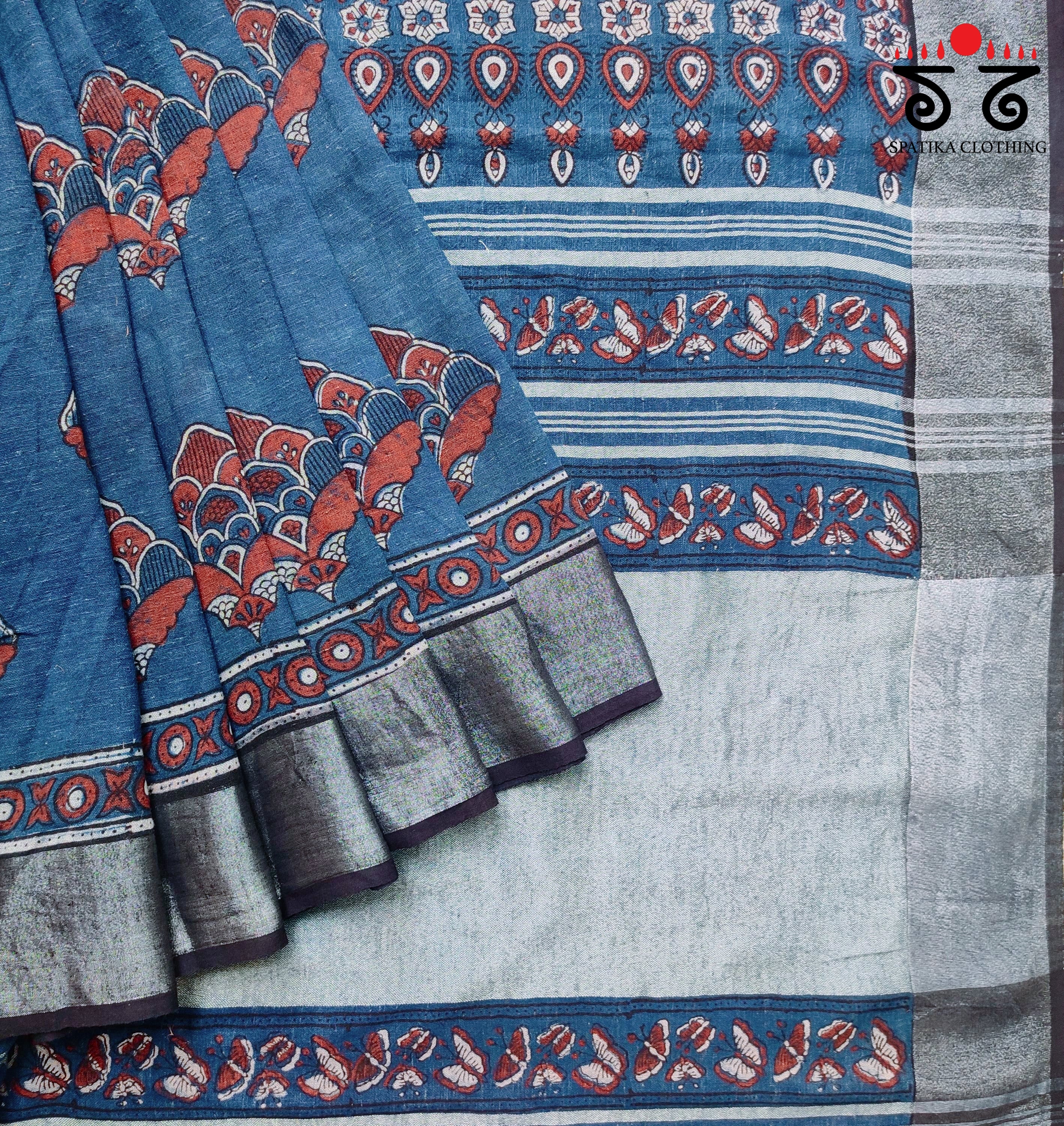 Ajrak Handblock Print On Linen Saree