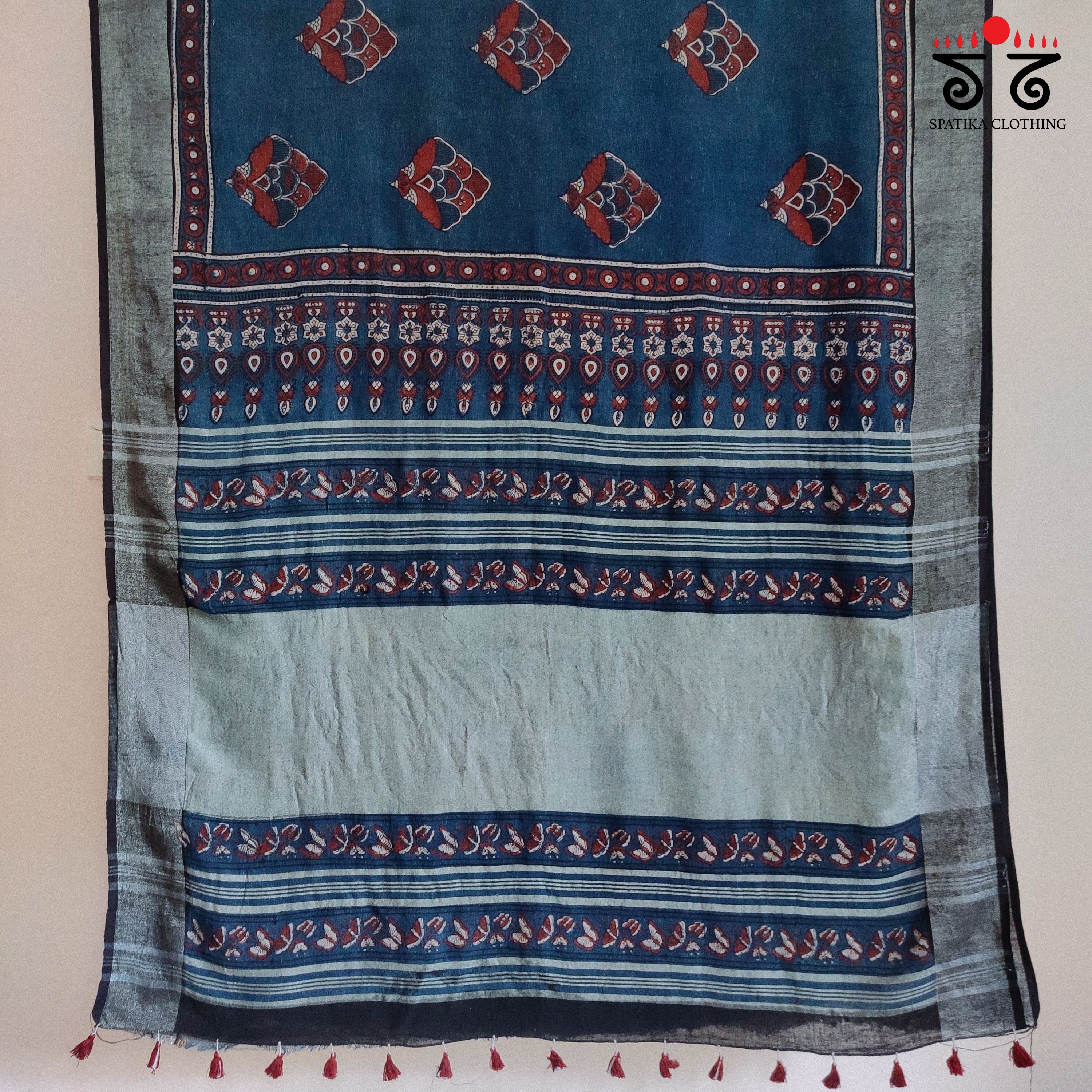 Ajrak Handblock Print On Linen Saree
