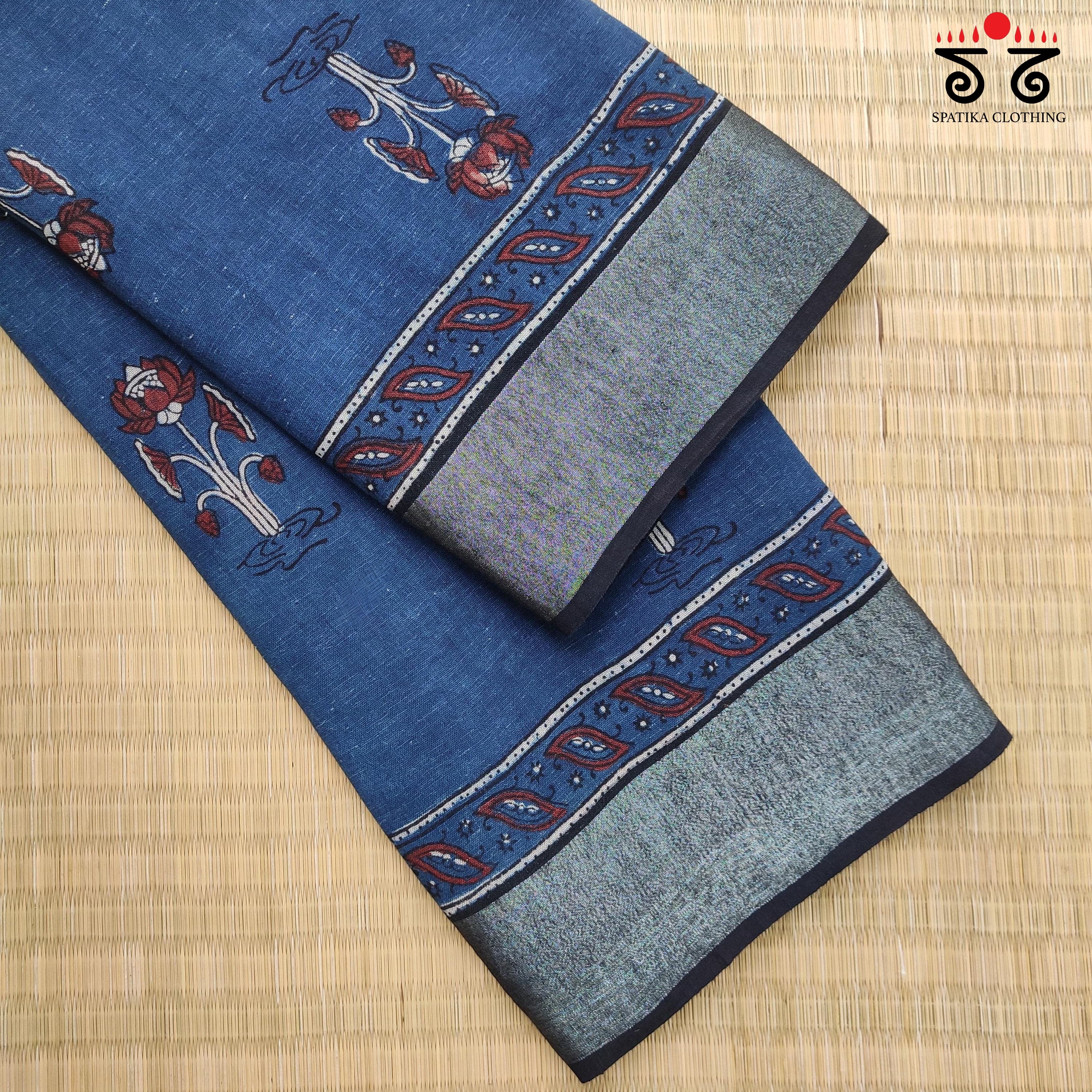 Ajrak Handblock Print On Linen Saree