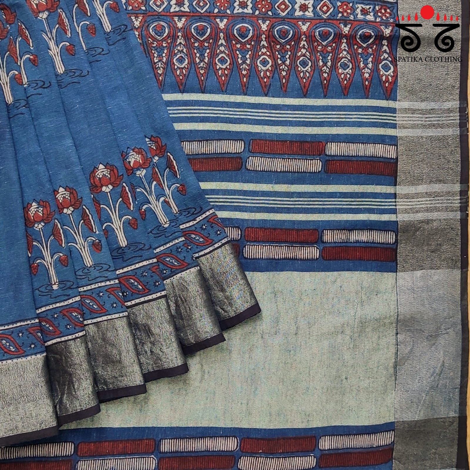 Ajrak Handblock Print On Linen Saree