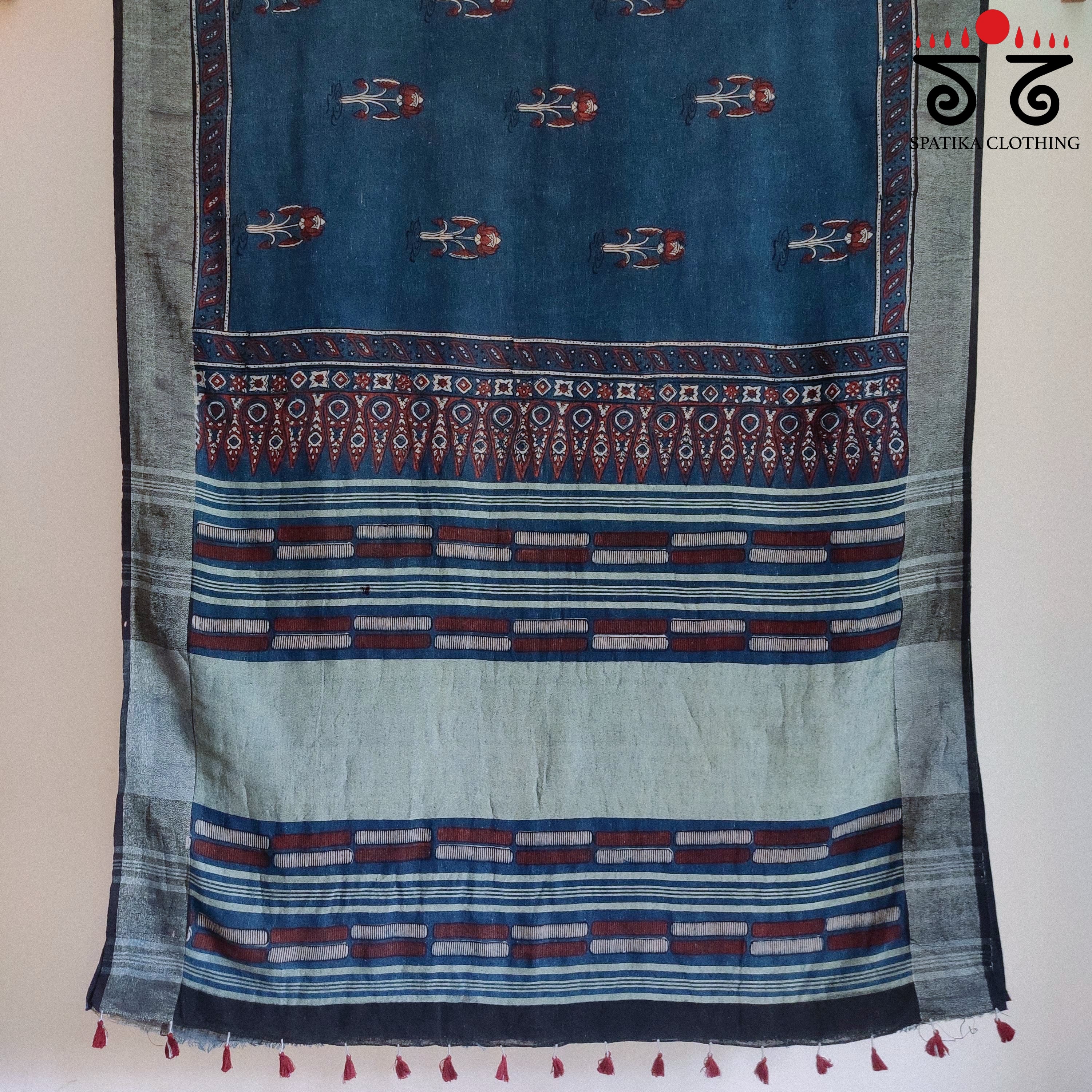 Ajrak Handblock Print On Linen Saree