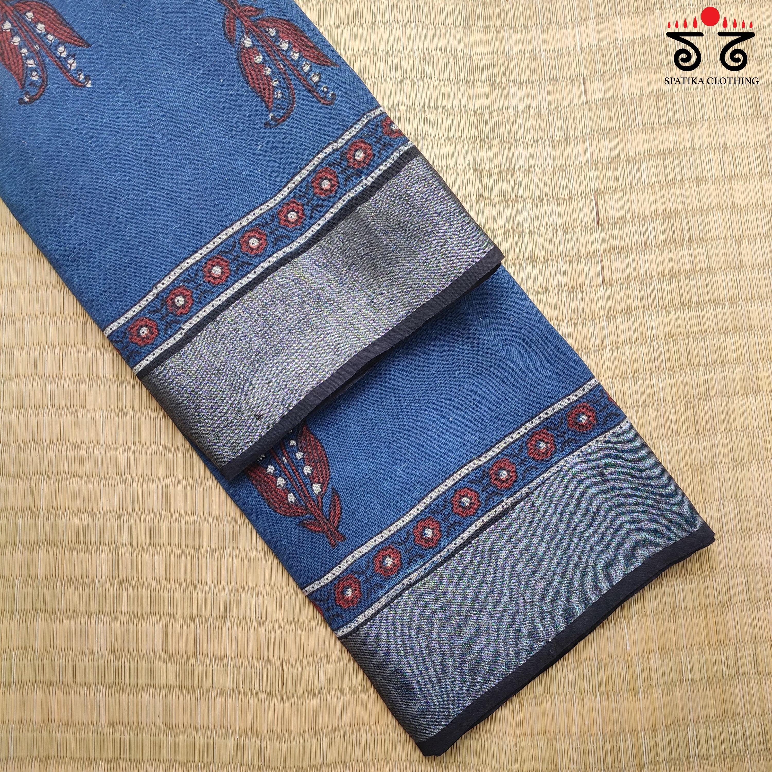 Ajrak Handblock Print On Linen Saree