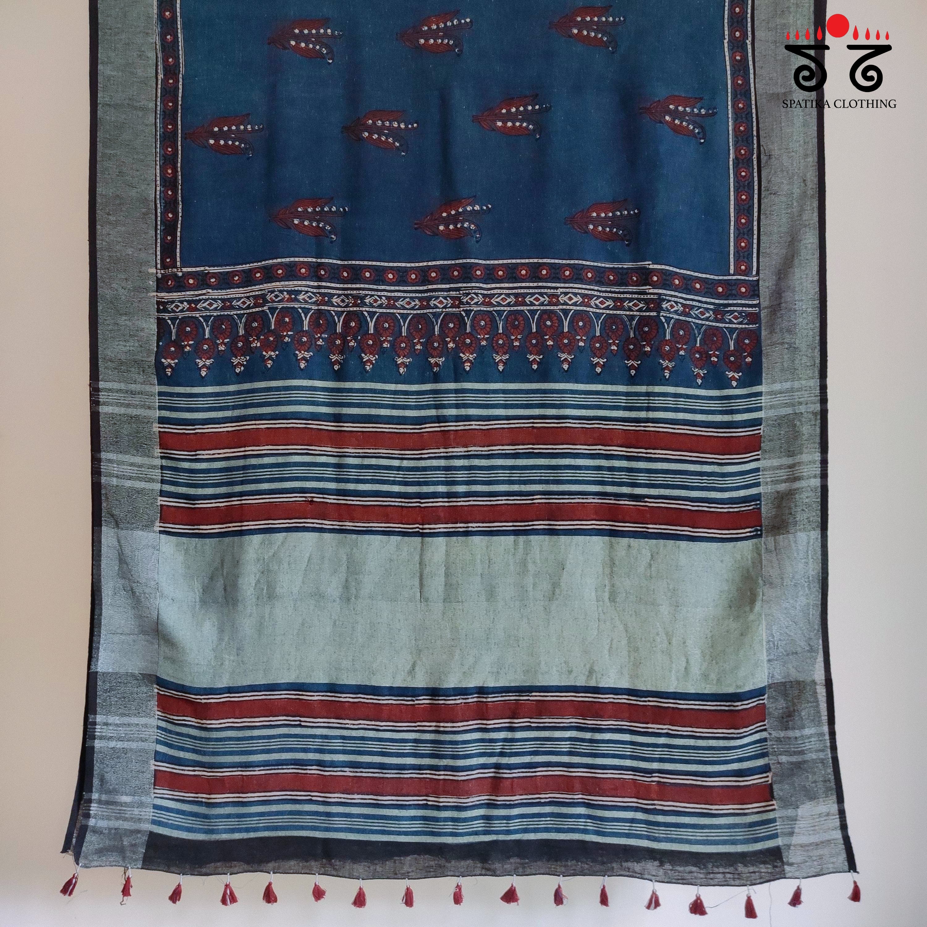 Ajrak Handblock Print On Linen Saree