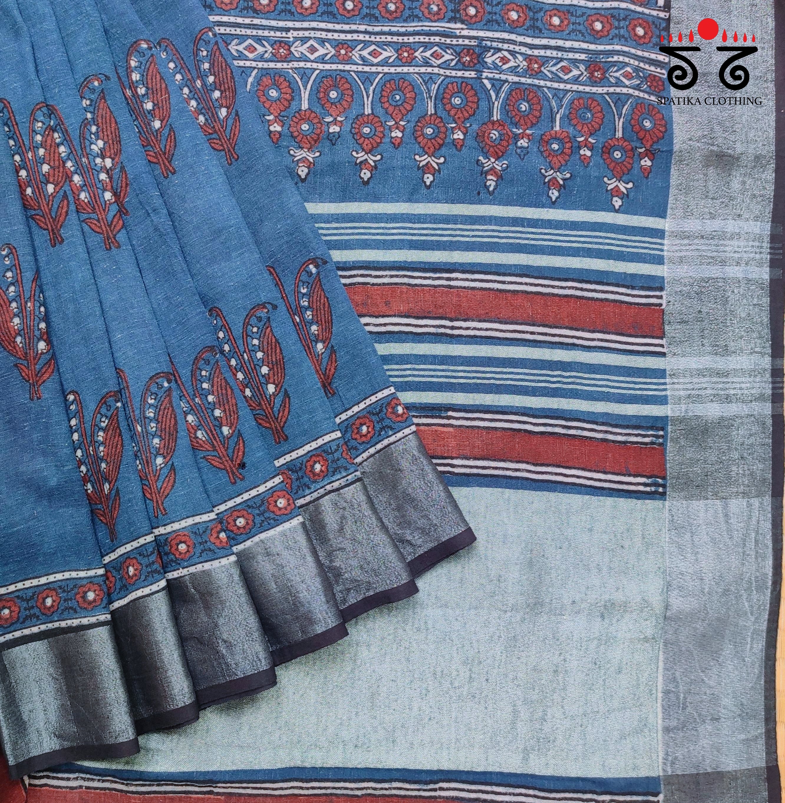Ajrak Handblock Print On Linen Saree