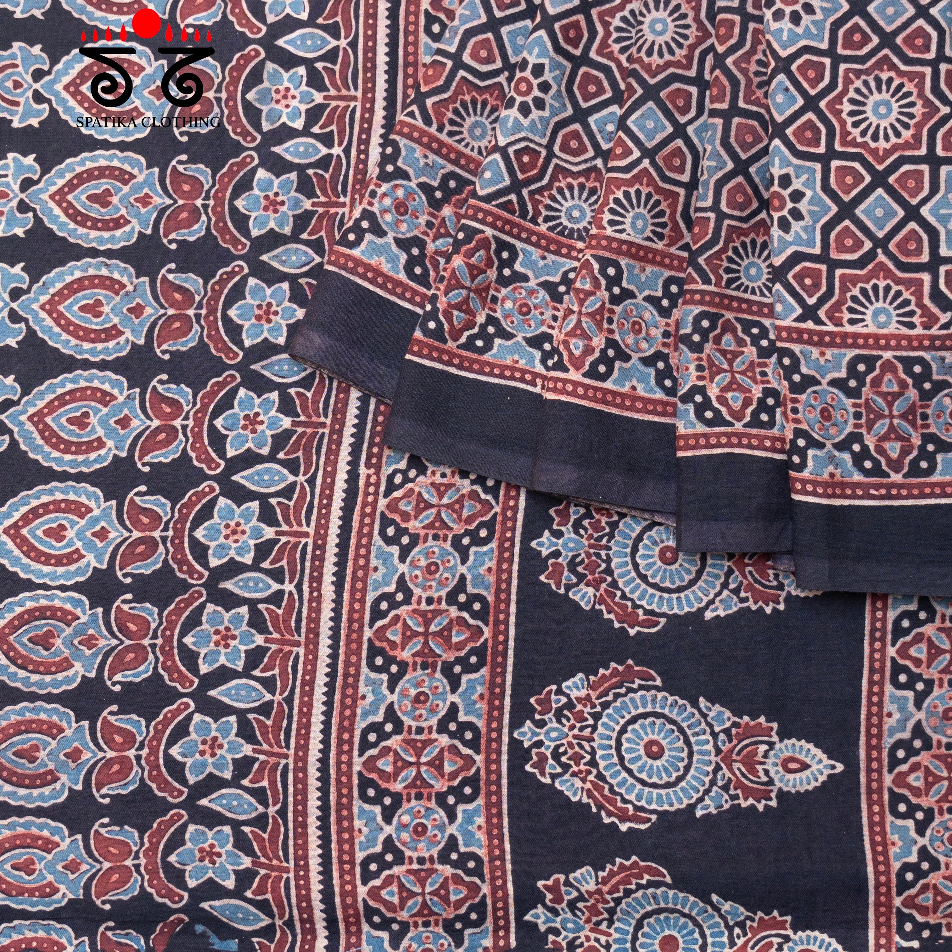 Ajrakh Handblock Printed on Mulmul Cotton Saree