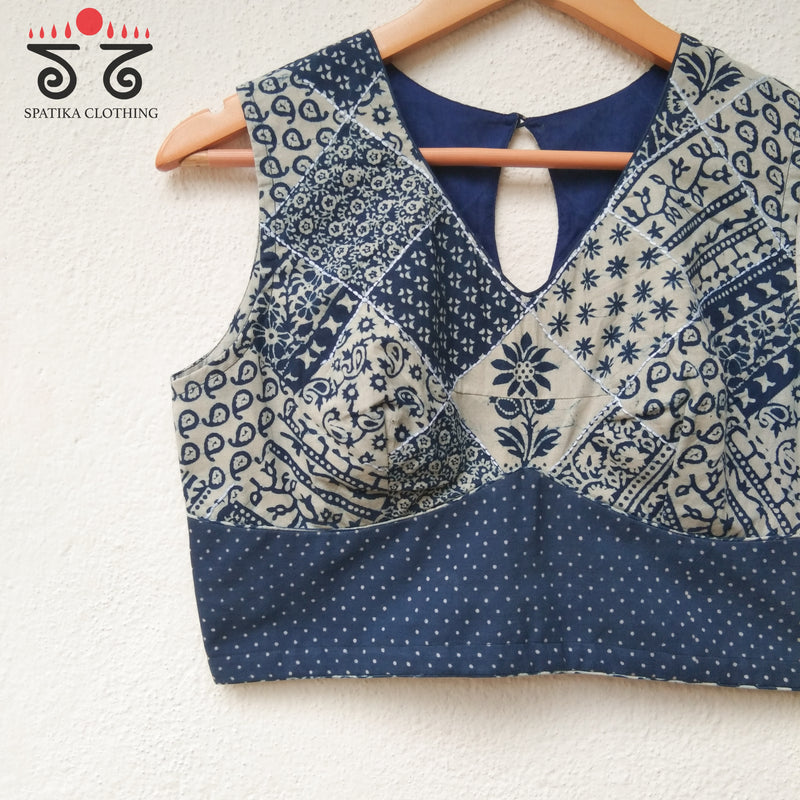 Patchworked Indigo Sleeveless Blouse