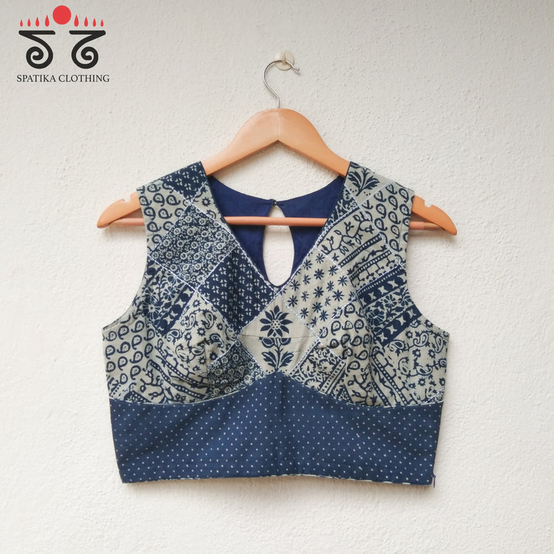 Patchworked Indigo Sleeveless Blouse