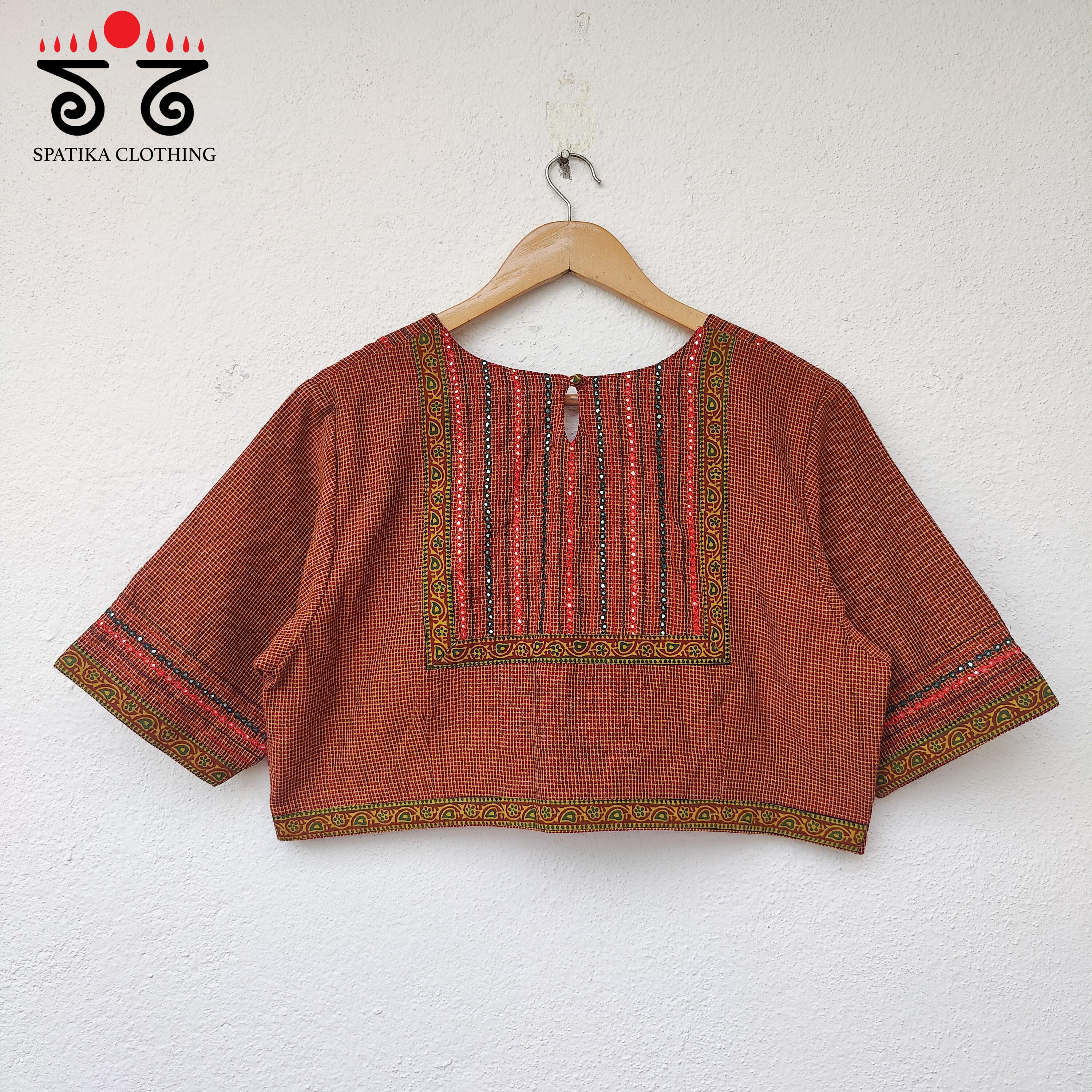 Checkered Mirror Work Hand embroidered Blouse
