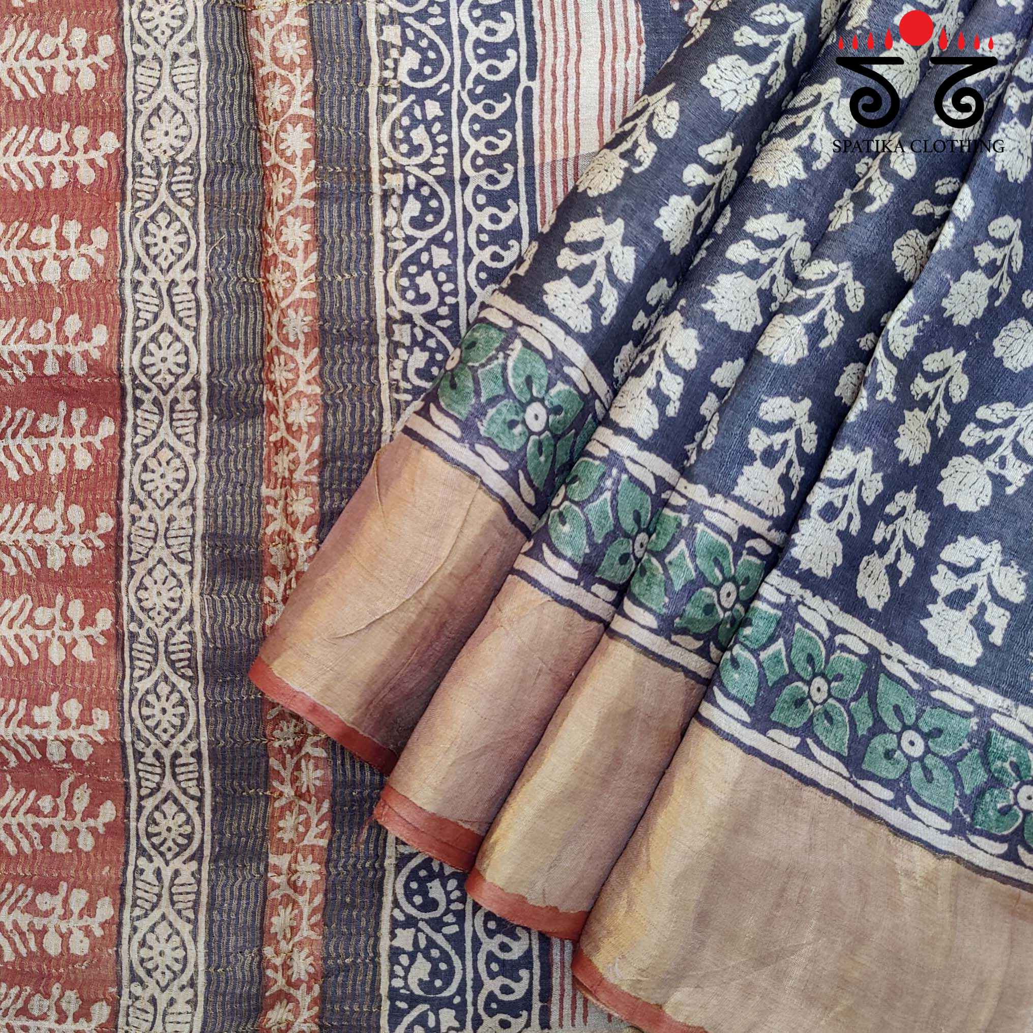 Bagru Handblock Print on Tussar Silk Saree