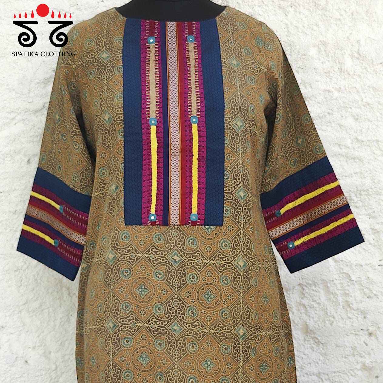 Ajrakh -  Khun Hand Embroidered Kurta
