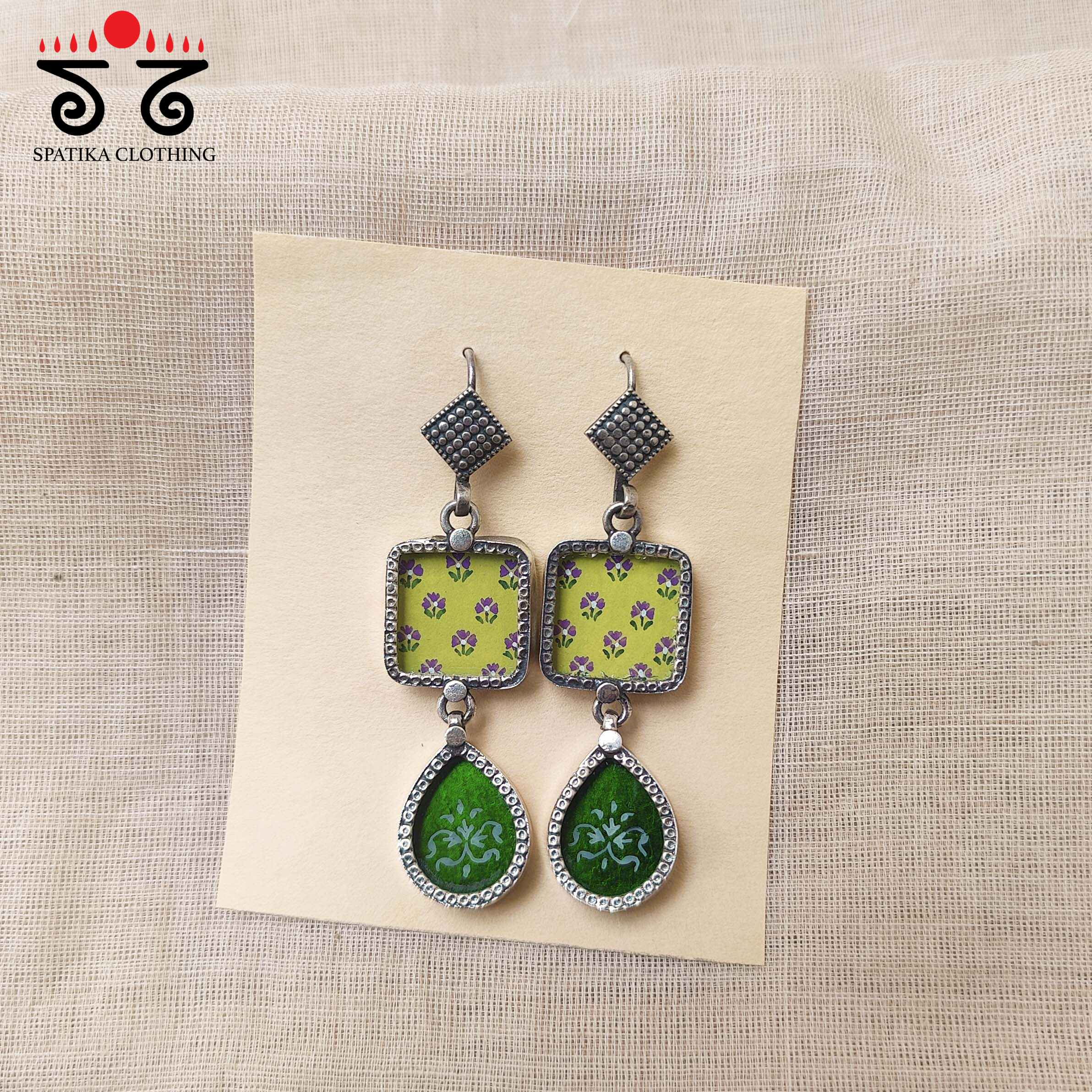 Green Double Motif Silver Earrings - Handpainted