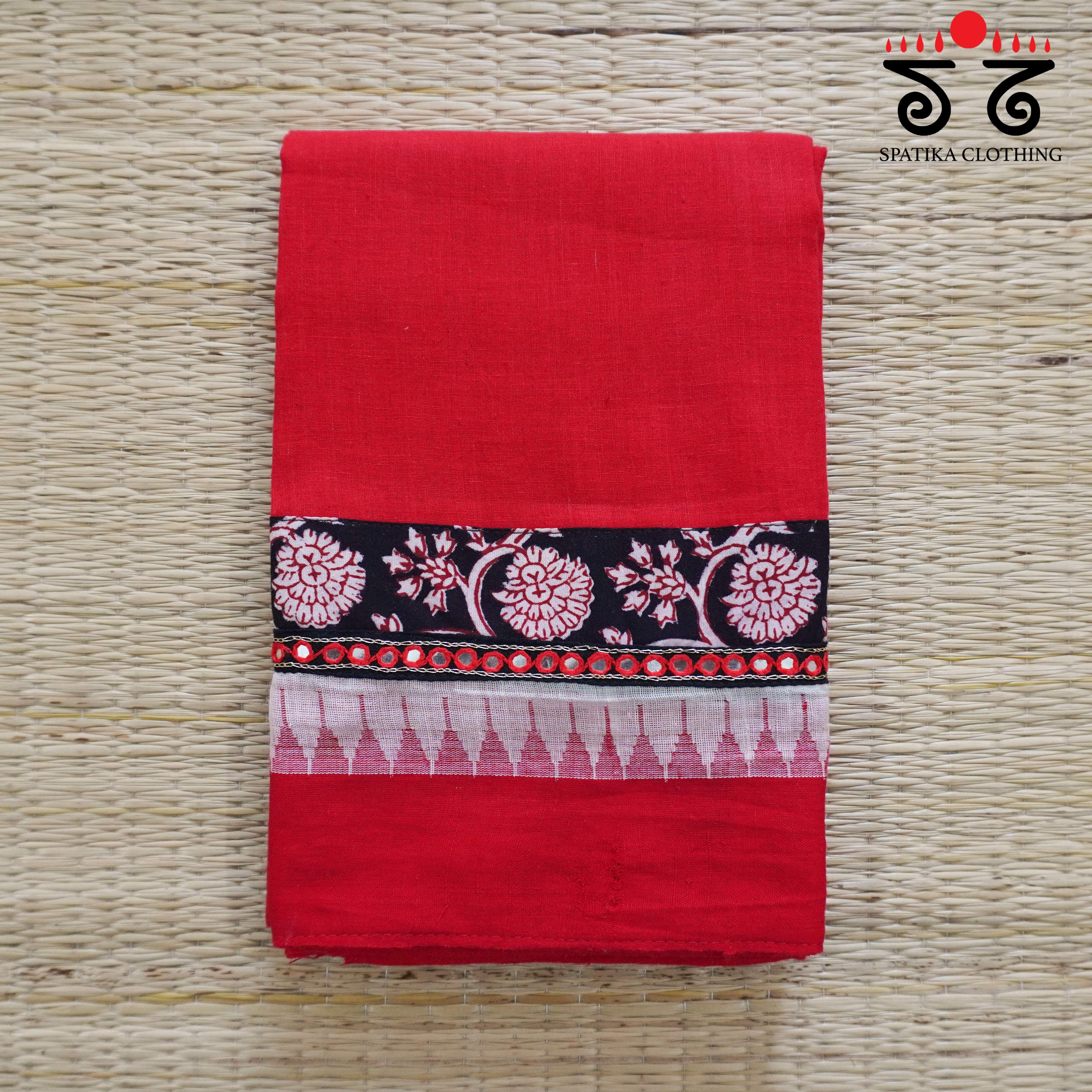 Handblock Printed - Hand Embroidered Blouse Fabric