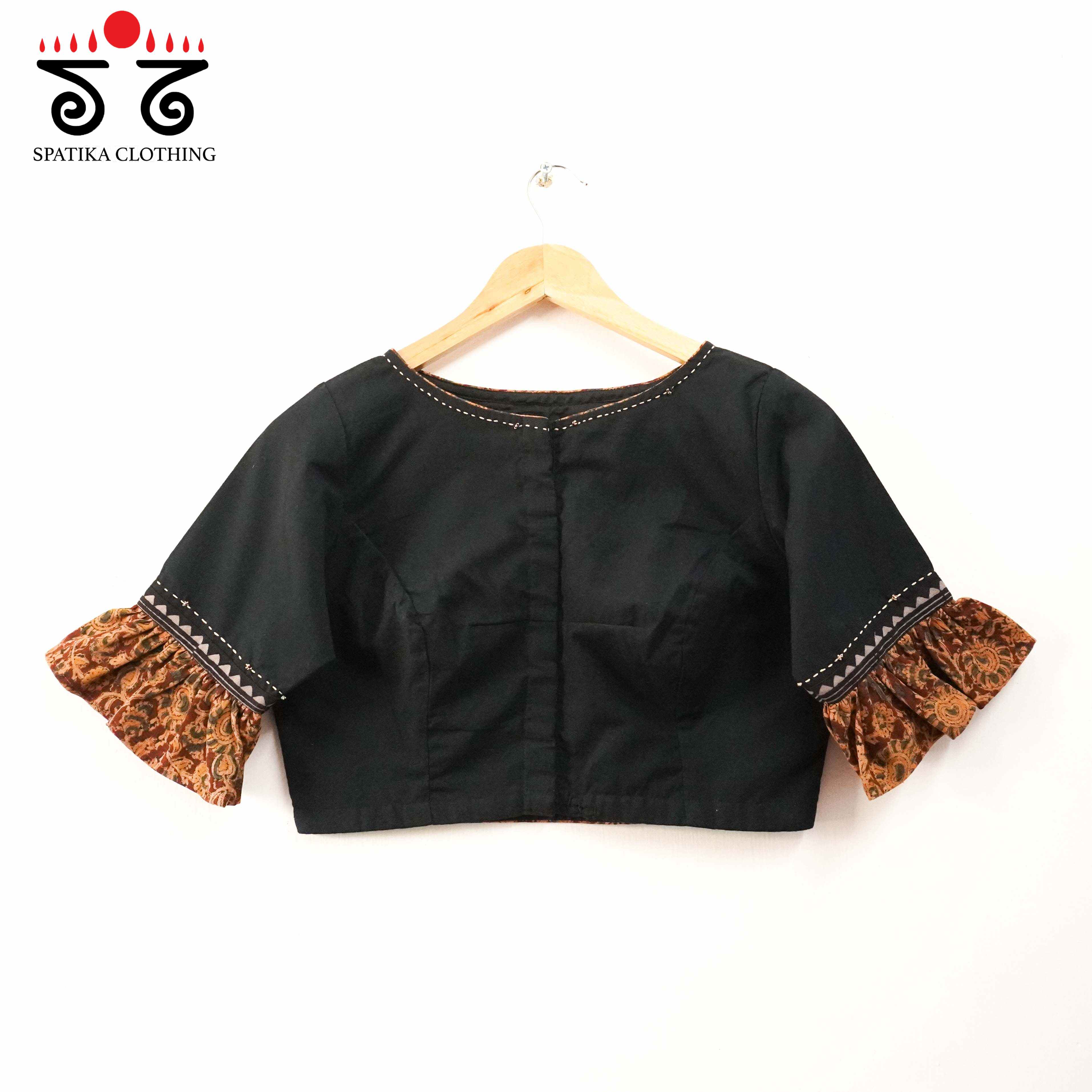 Black Pen Kalamkari Frilled Sleeves Blouse