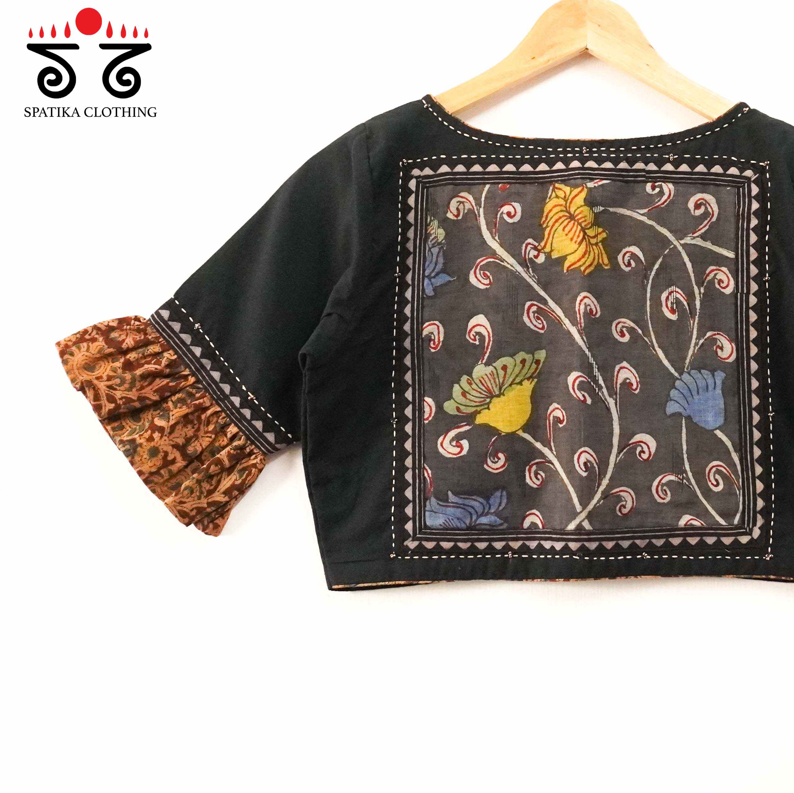 Black Pen Kalamkari Frilled Sleeves Blouse