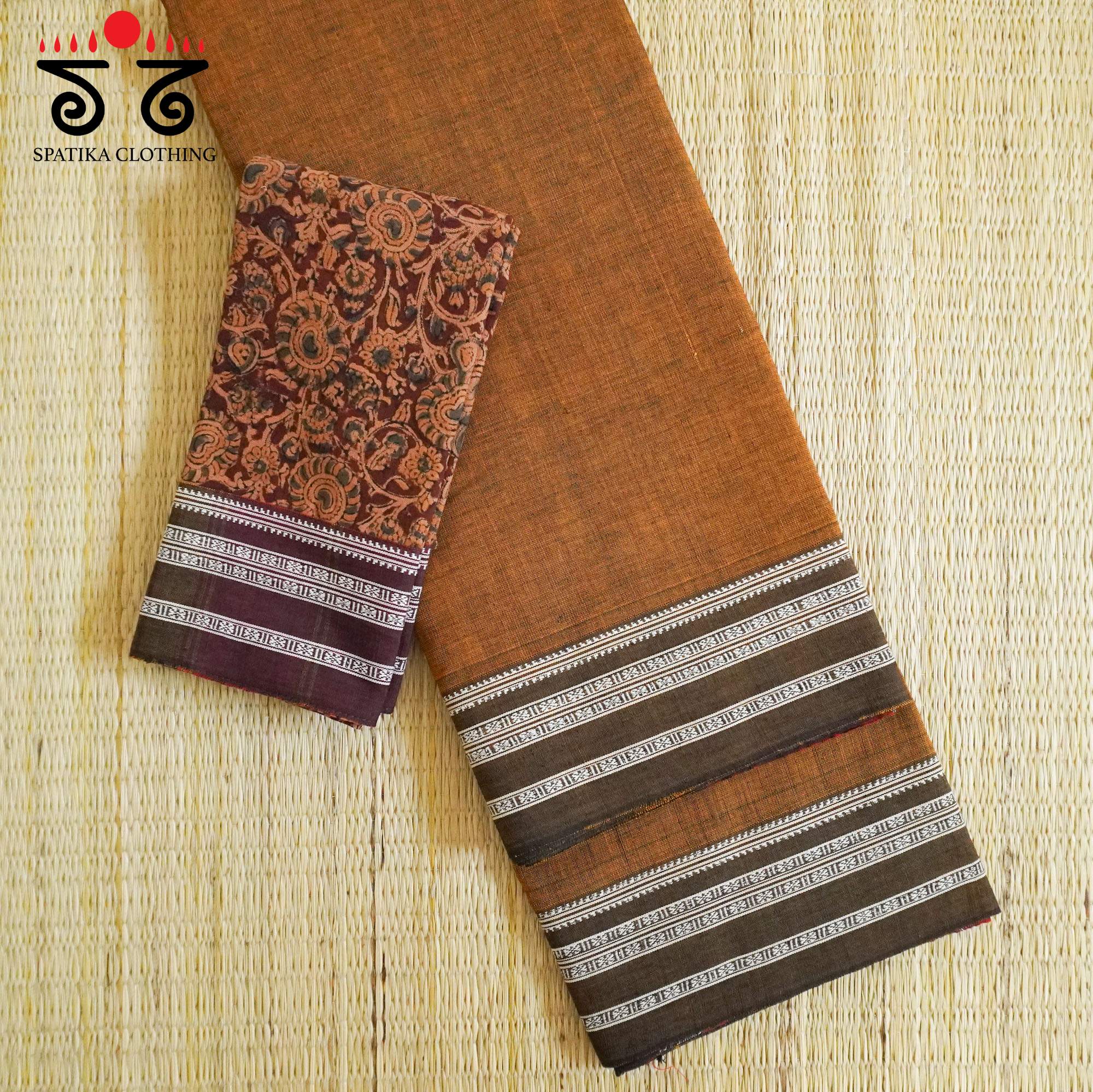 Brown Ilkal Handwoven Cotton Saree - Kalamkari Blouse