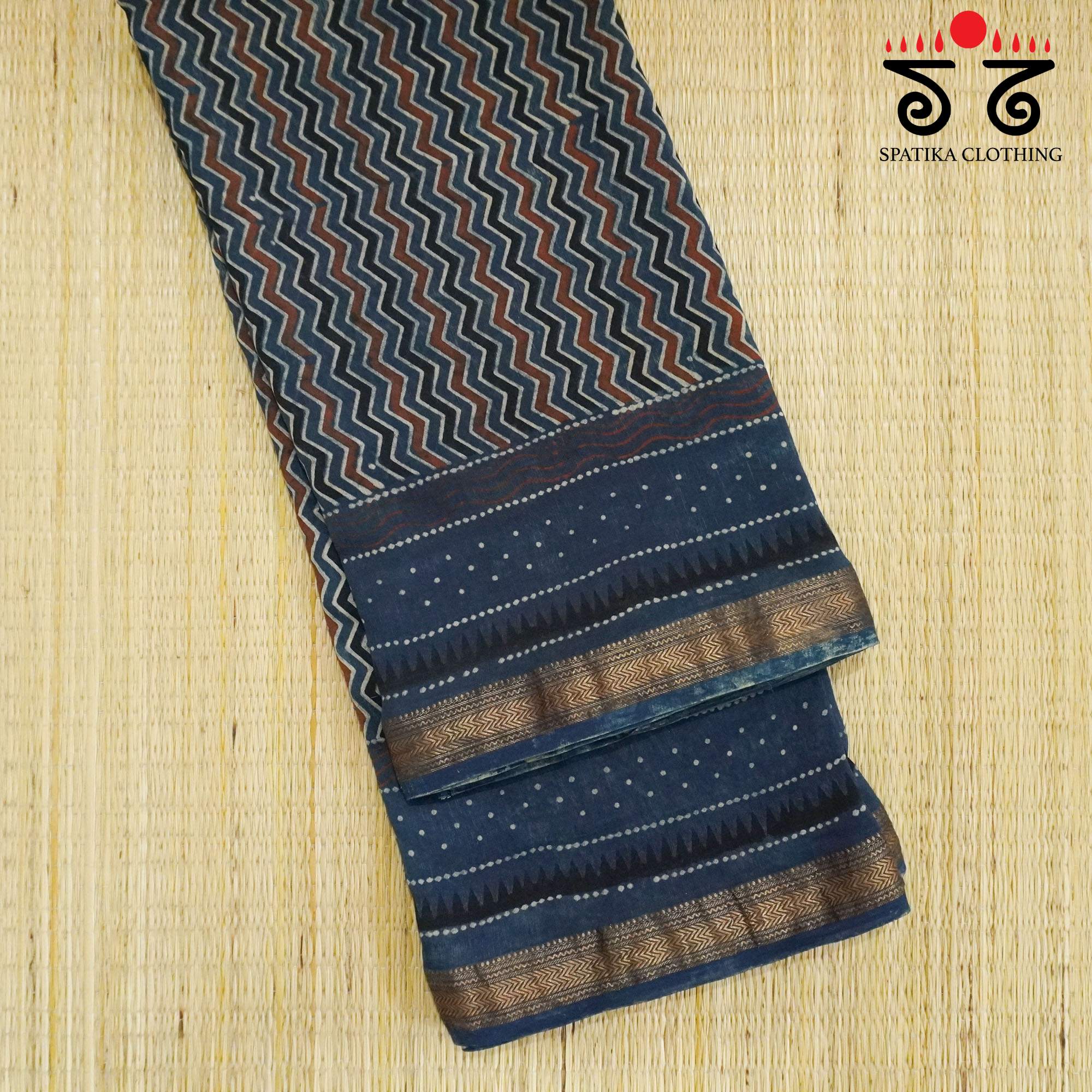 Blue Ajrak Maheshwari Silk Cotton Saree