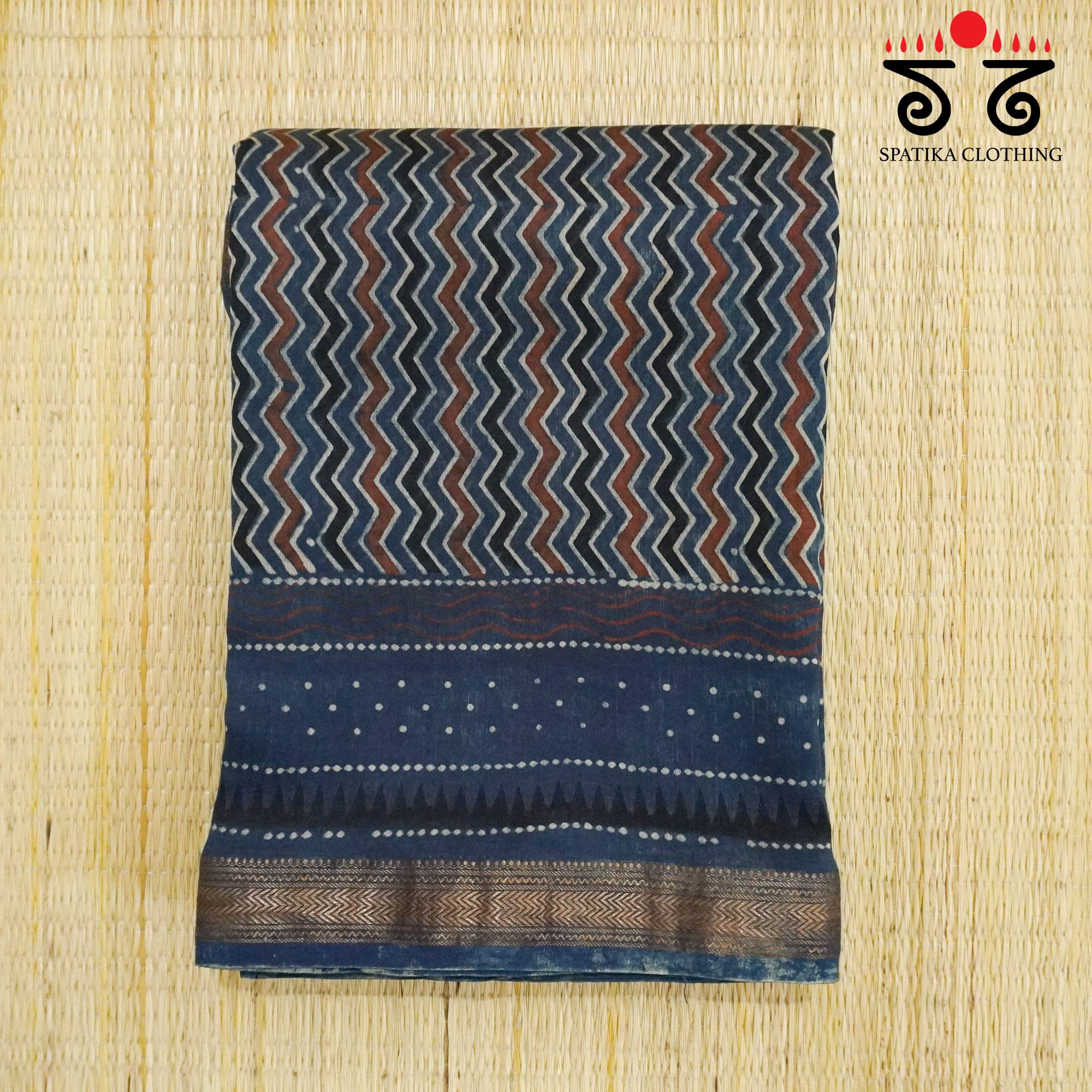 Blue Ajrak Maheshwari Silk Cotton Saree