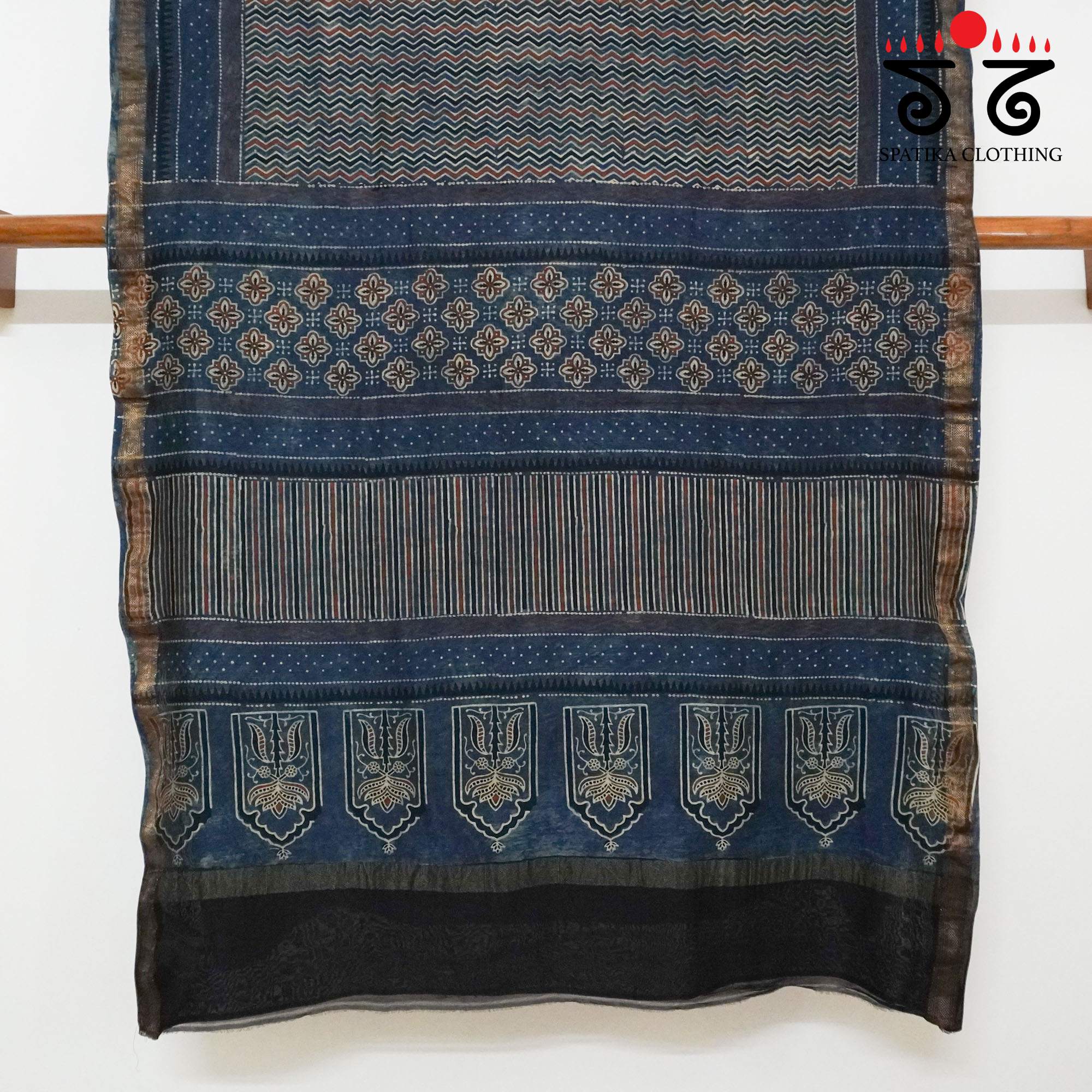 Blue Ajrak Maheshwari Silk Cotton Saree