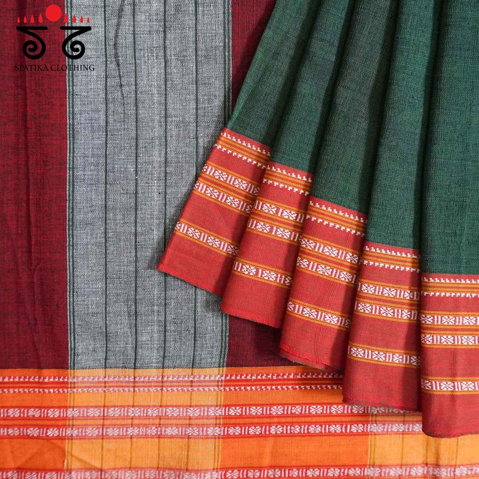 Green Ilkal Handwoven Cotton Saree - Bandhini Blouse