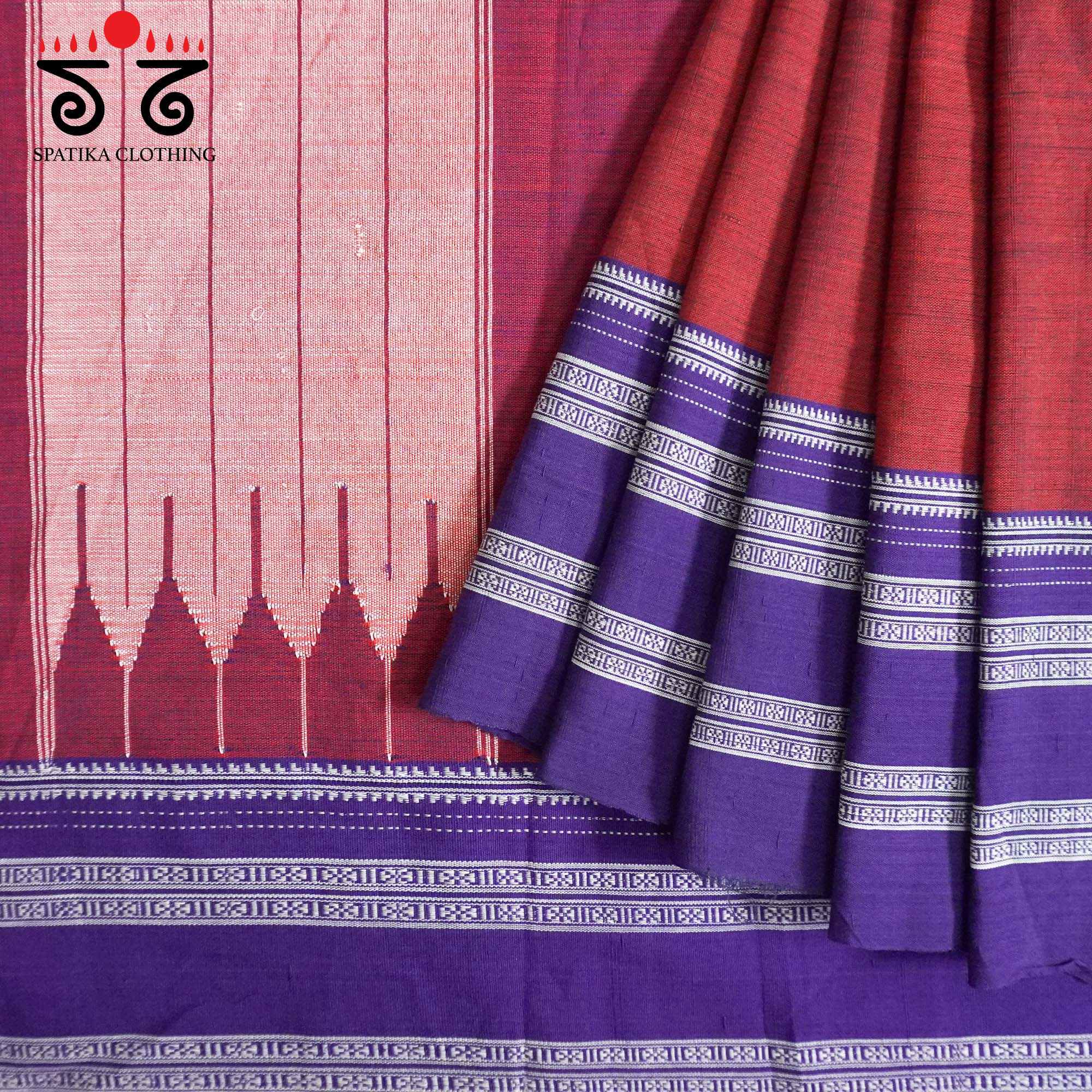 Red Ilkal Handwoven Cotton Saree - Bandhini Blouse